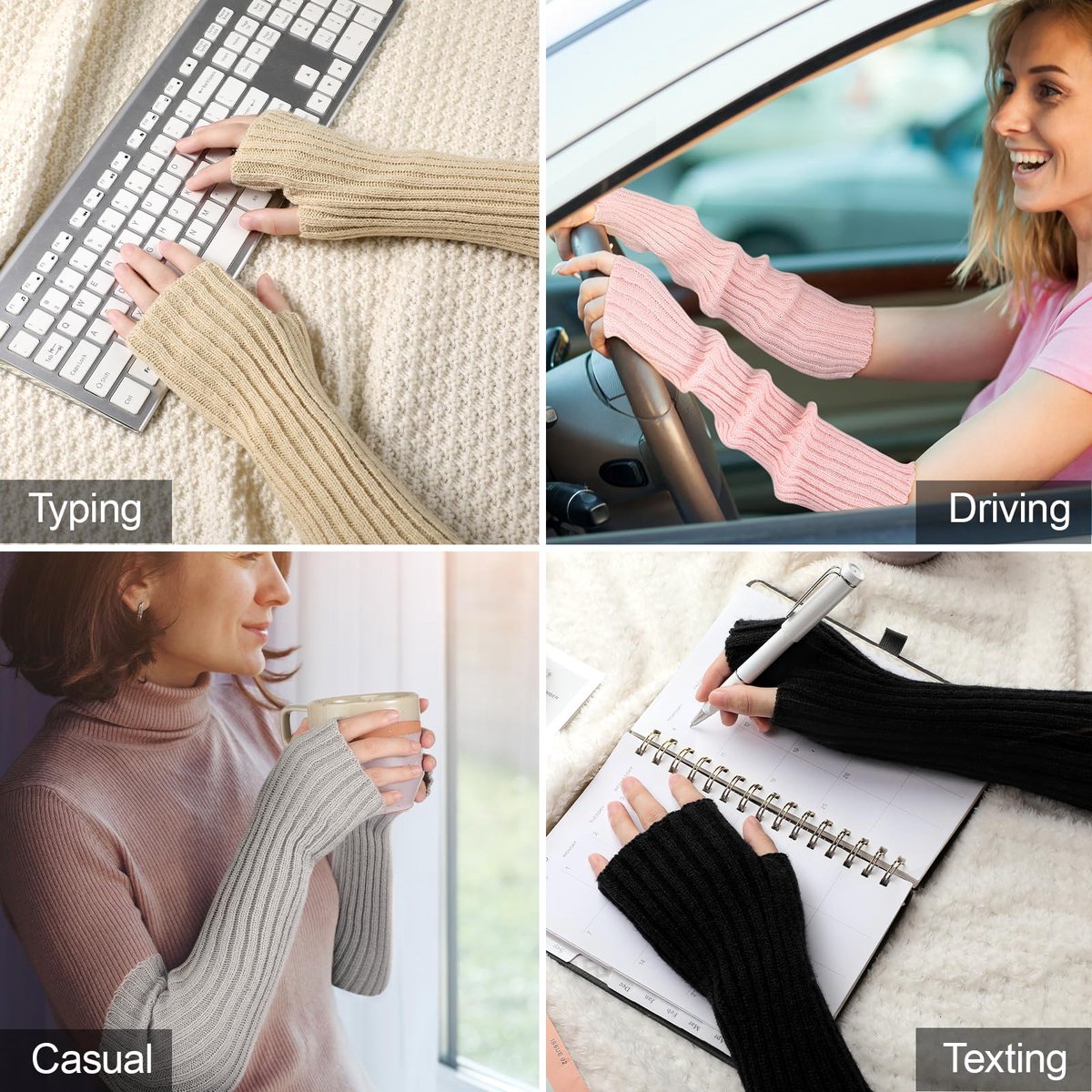 Arm Sleeves - Women's Long Fingerless - Knitted Y2K Arm Sleeves - (Vit)