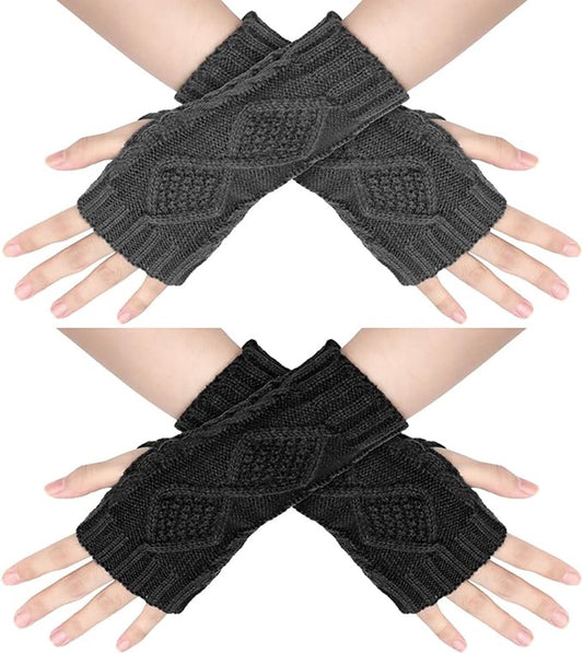 2 Wristbands - Fingerless Gloves - Knitted Women's - Wristbands - Long Knitted Wristbands - Winter Gloves - Warm - Unisex - Black + Dark Gray