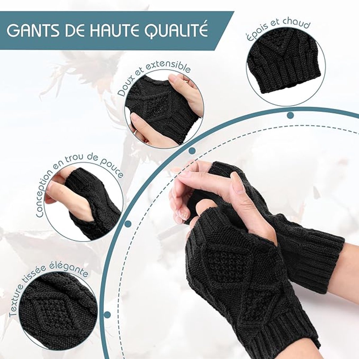 2 Wristbands - Fingerless Gloves - Knitted Women's - Wristbands - Long Knitted Wristbands - Winter Gloves - Warm - Unisex - Black + Dark Gray