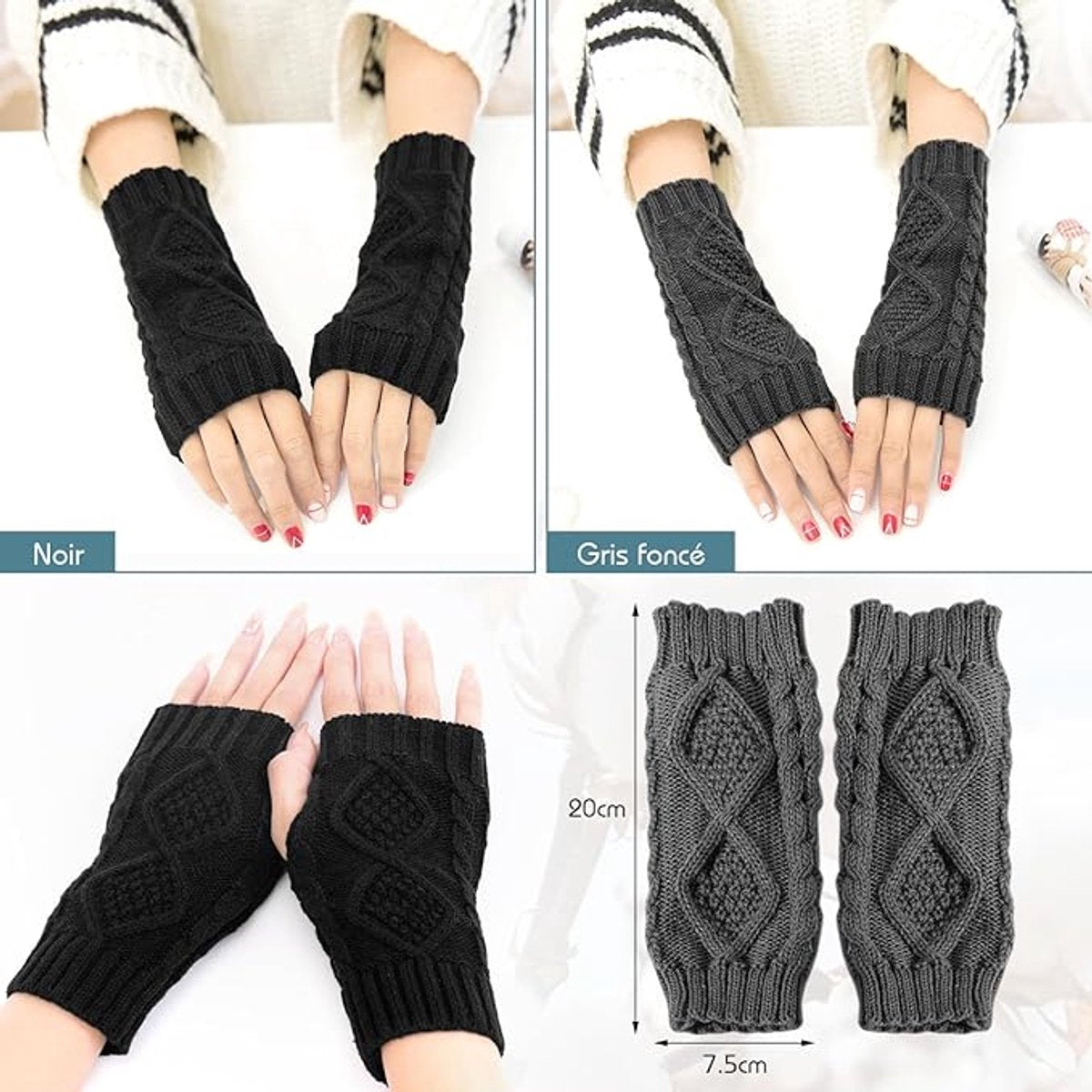 2 Wristbands - Fingerless Gloves - Knitted Women's - Wristbands - Long Knitted Wristbands - Winter Gloves - Warm - Unisex - Black + Dark Gray