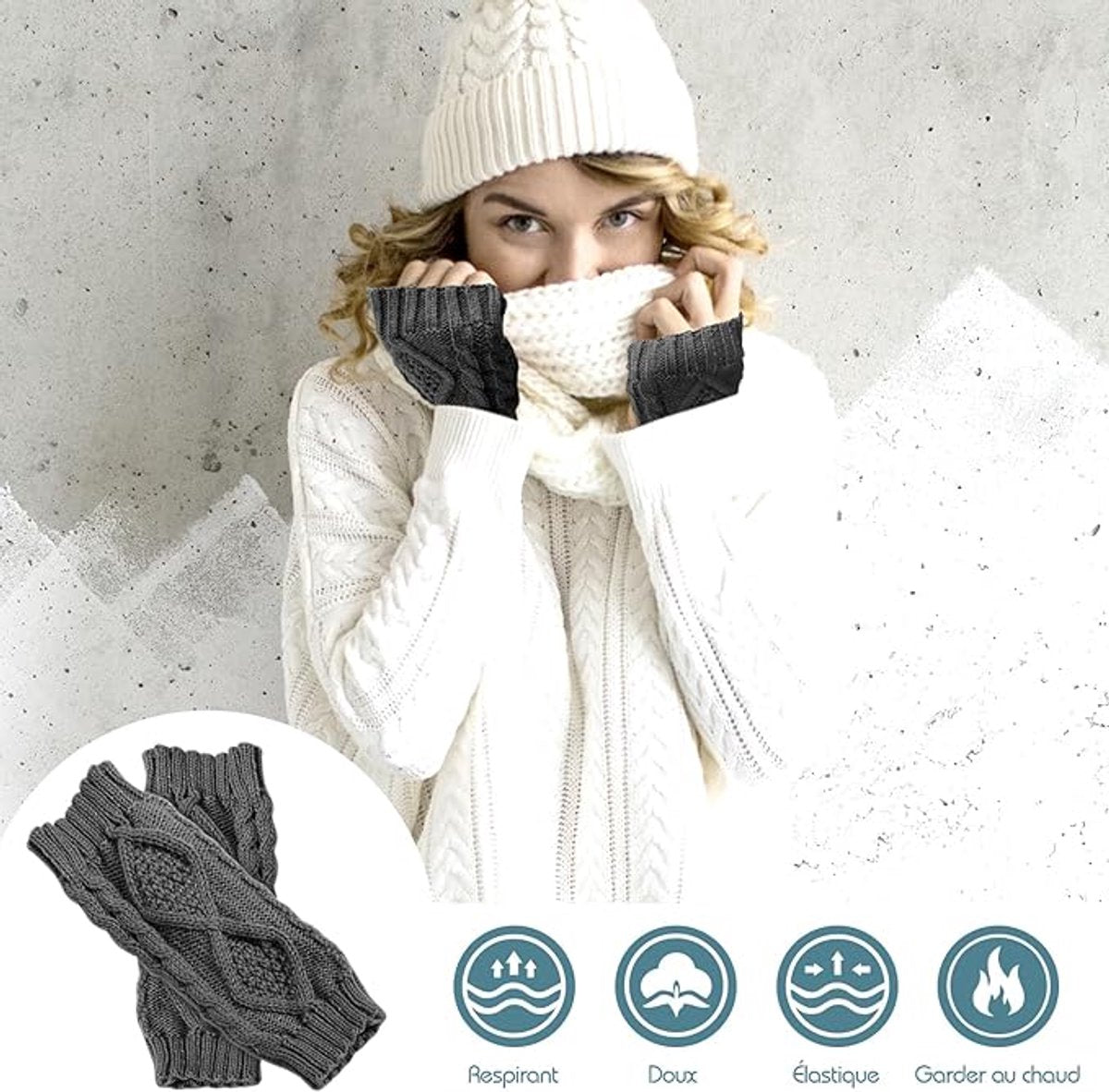 2 Wristbands - Fingerless Gloves - Knitted Women's - Wristbands - Long Knitted Wristbands - Winter Gloves - Warm - Unisex - Black + Dark Gray
