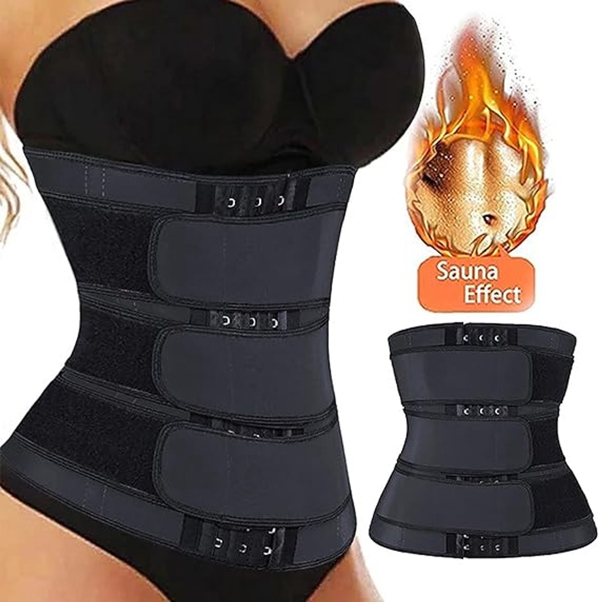 Women Sweat Reducer Training Belt - Sweatband - Waist Trainer - Slimming Belly Band - 3-Row Closure & Breathable Material - Extended Sizes (S to 6XL) - Black, M