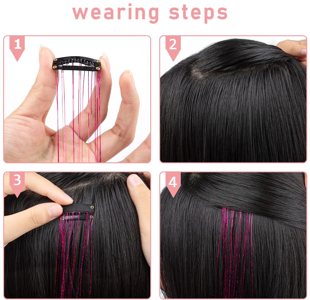 Hair Tinsels - Festival Hair Extensions - Glitter Hair Extensions - 12-Piece Clip-On Hair Accessory Set - 52cm Long, Christmas and New Year Glitter Hair Extensions, Suitable for Women, Girls and Children (Silver)