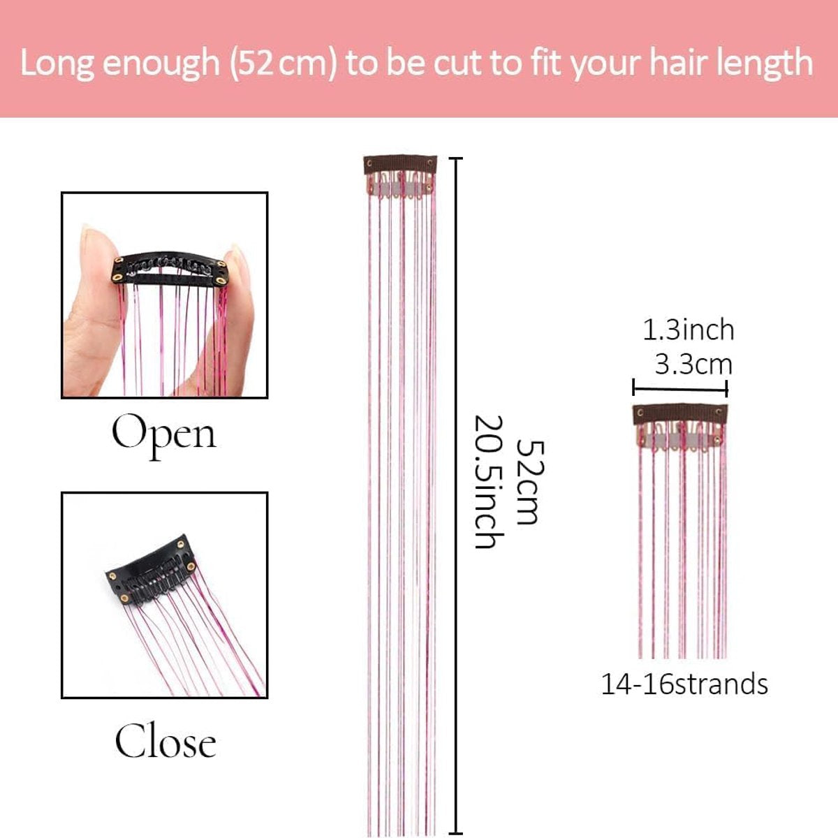 Hair Tinsels - Festival Hair Extensions - Glitter Hair Extensions - 12-Piece Clip-On Hair Accessory Set - 52cm Long, Christmas and New Year Glitter Hair Extensions, Suitable for Women, Girls and Children (Silver)