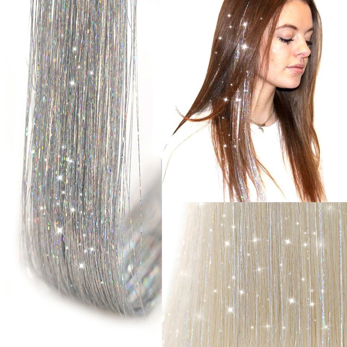 Hair Tinsels - Festival Hair Extensions - Glitter Hair Extensions - 12-Piece Clip-On Hair Accessory Set - 52cm Long, Christmas and New Year Glitter Hair Extensions, Suitable for Women, Girls and Children (Silver)