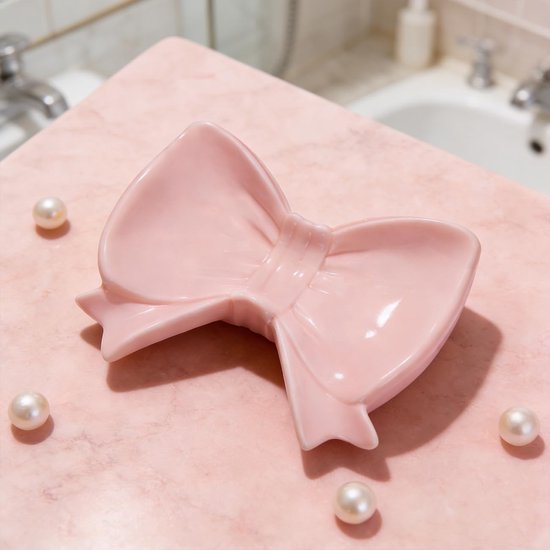 Bow Soap Dish - Ceramic Soap Organizer with Pink Bow - Bathroom Decor, Sponge Holder for Sink, Jewelry Storage Box, Bathroom Countertop Accessories (Pink)