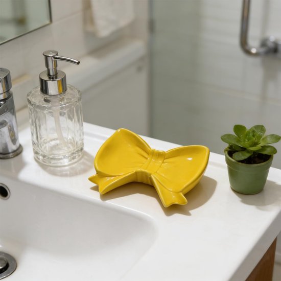 Bow Soap Dish - Ceramic Soap Organizer with Pink Bow - Bathroom Decor, Sponge Holder for Sink, Jewelry Storage Box, Bathroom Countertop Accessories (Yellow)
