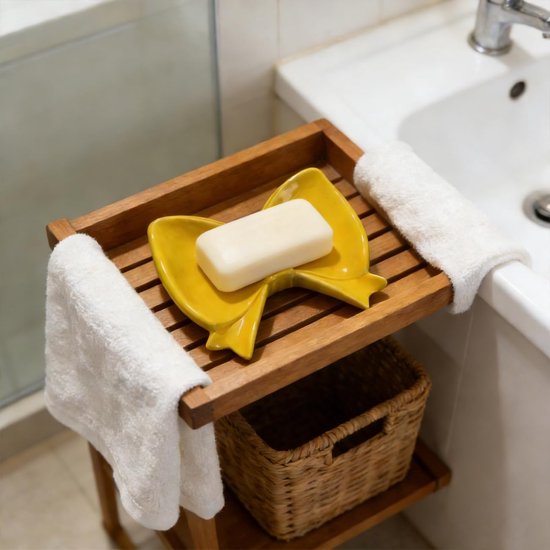 Bow Soap Dish - Ceramic Soap Organizer with Pink Bow - Bathroom Decor, Sponge Holder for Sink, Jewelry Storage Box, Bathroom Countertop Accessories (Yellow)