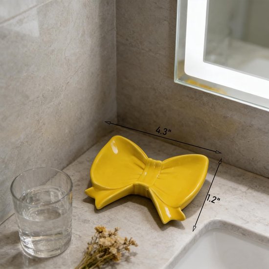 Bow Soap Dish - Ceramic Soap Organizer with Pink Bow - Bathroom Decor, Sponge Holder for Sink, Jewelry Storage Box, Bathroom Countertop Accessories (Yellow)