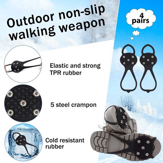 Non-slip sole for snow boots - 4 pairs - Safe walking on ice and snow - Suitable for size M (34-40) - Non-slip studs - Suitable for winter walking, hiking, jogging, strolling and mountaineering