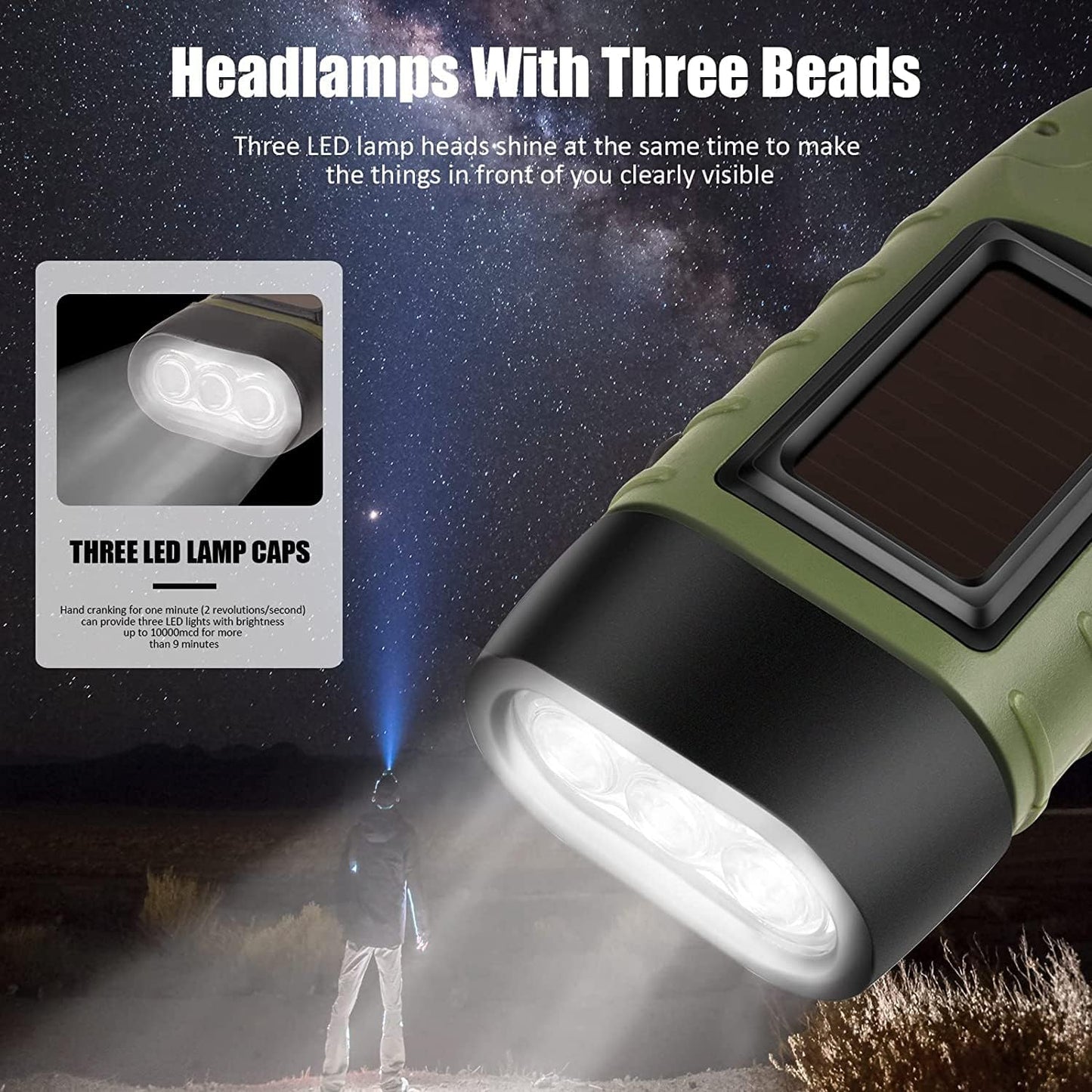 Emergency Flashlight - Military Clamp Rechargeable - Dynamo & Solar Powered - For Emergency Kits and Power Outages - Dark Green