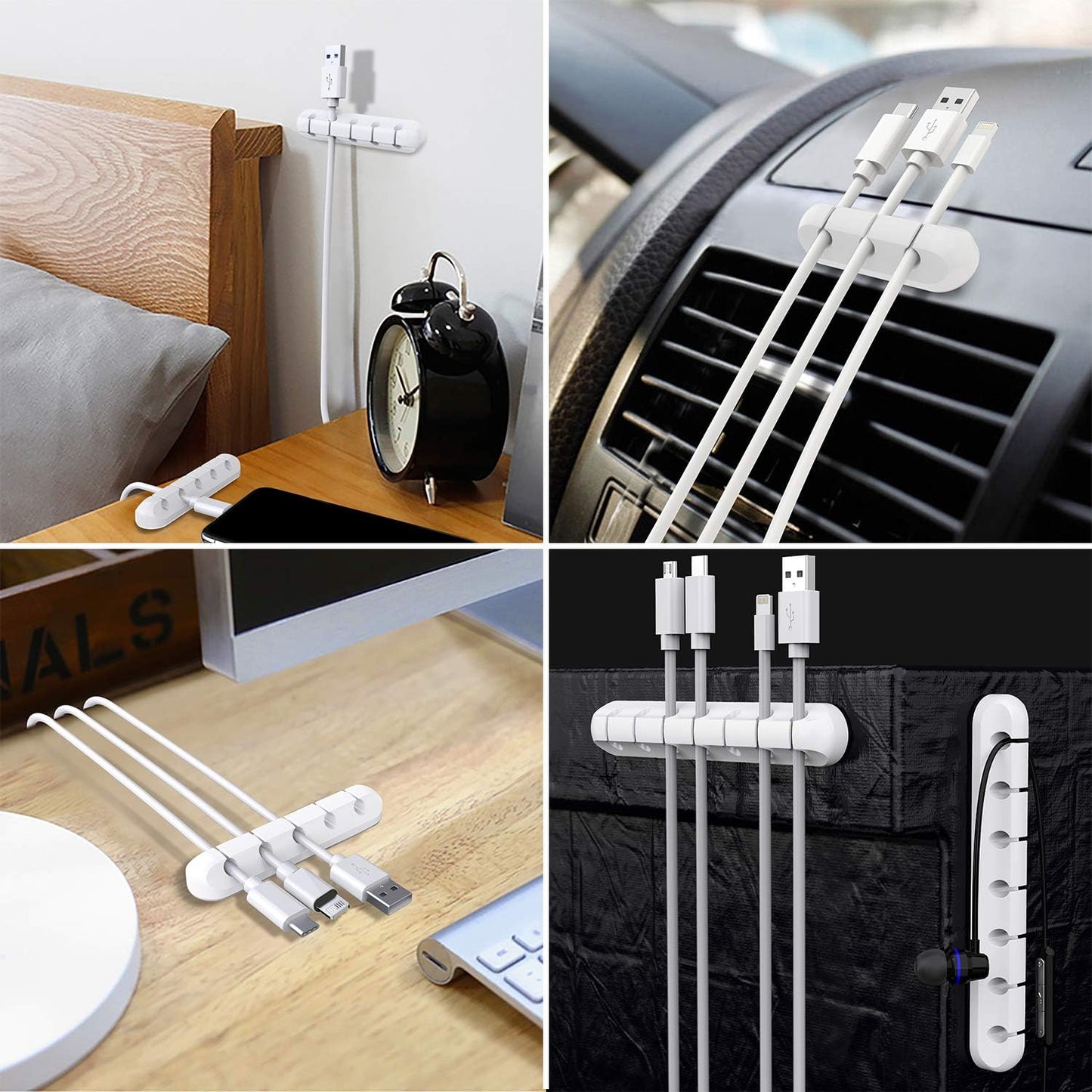 White Cable Clips - Set of 3 - Self-Adhesive Cable Holders - Cable Management for Desk & Office