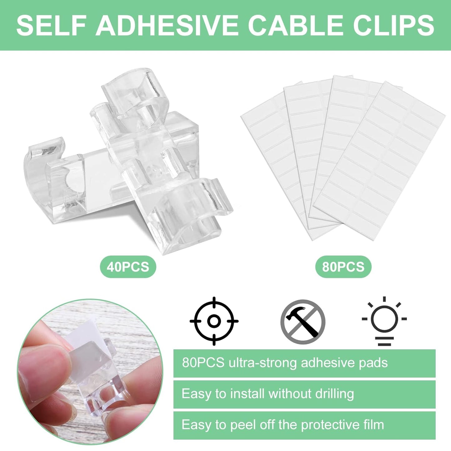Transparent Cable Clips - Set of 40 - Self-Adhesive Cable Holders - For Cables up to 7 mm - Cable Management