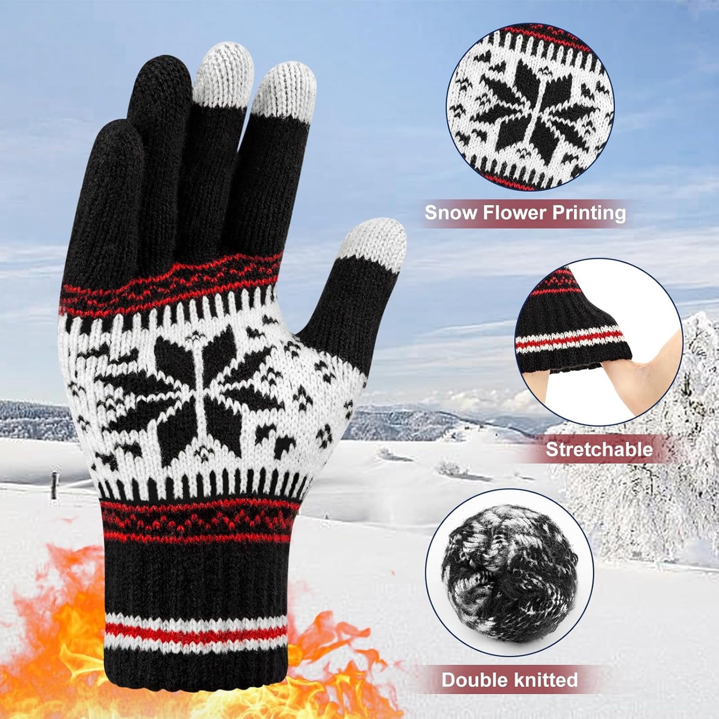 3 Pairs Touch Screen Gloves with Snow Flower Pattern, Warm Knit Winter Gloves Christmas Gifts Stocking Stuffers for Women Gray Blue White