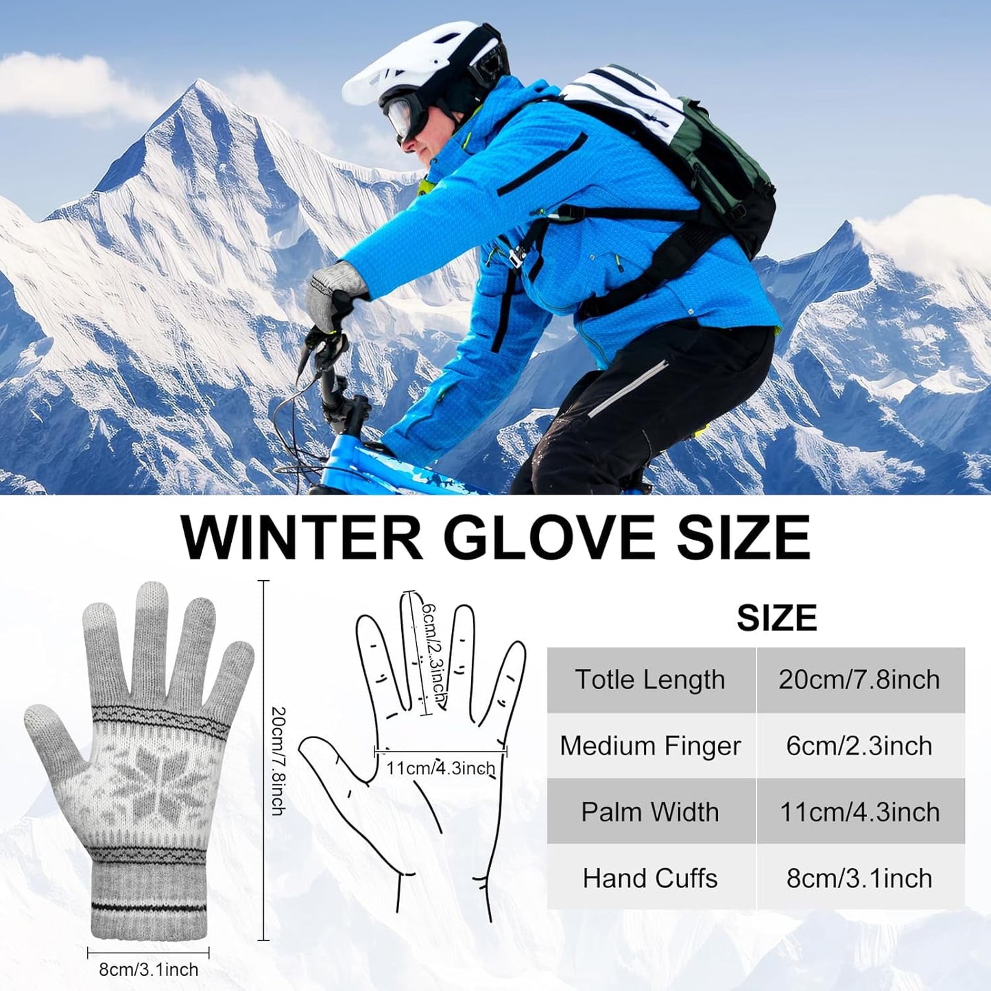 3 Pairs Touch Screen Gloves with Snow Flower Pattern, Warm Knit Winter Gloves Christmas Gifts Stocking Stuffers for Women Gray Blue White