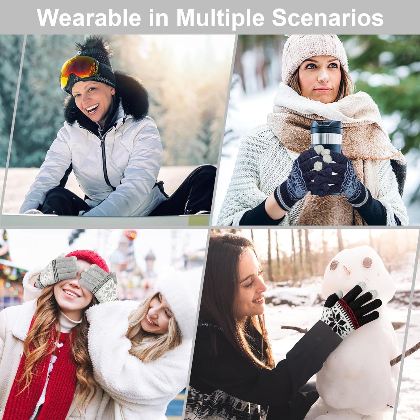 3 Pairs Touch Screen Gloves with Snow Flower Pattern, Warm Knit Winter Gloves Christmas Gifts Stocking Stuffers for Women Gray Blue White