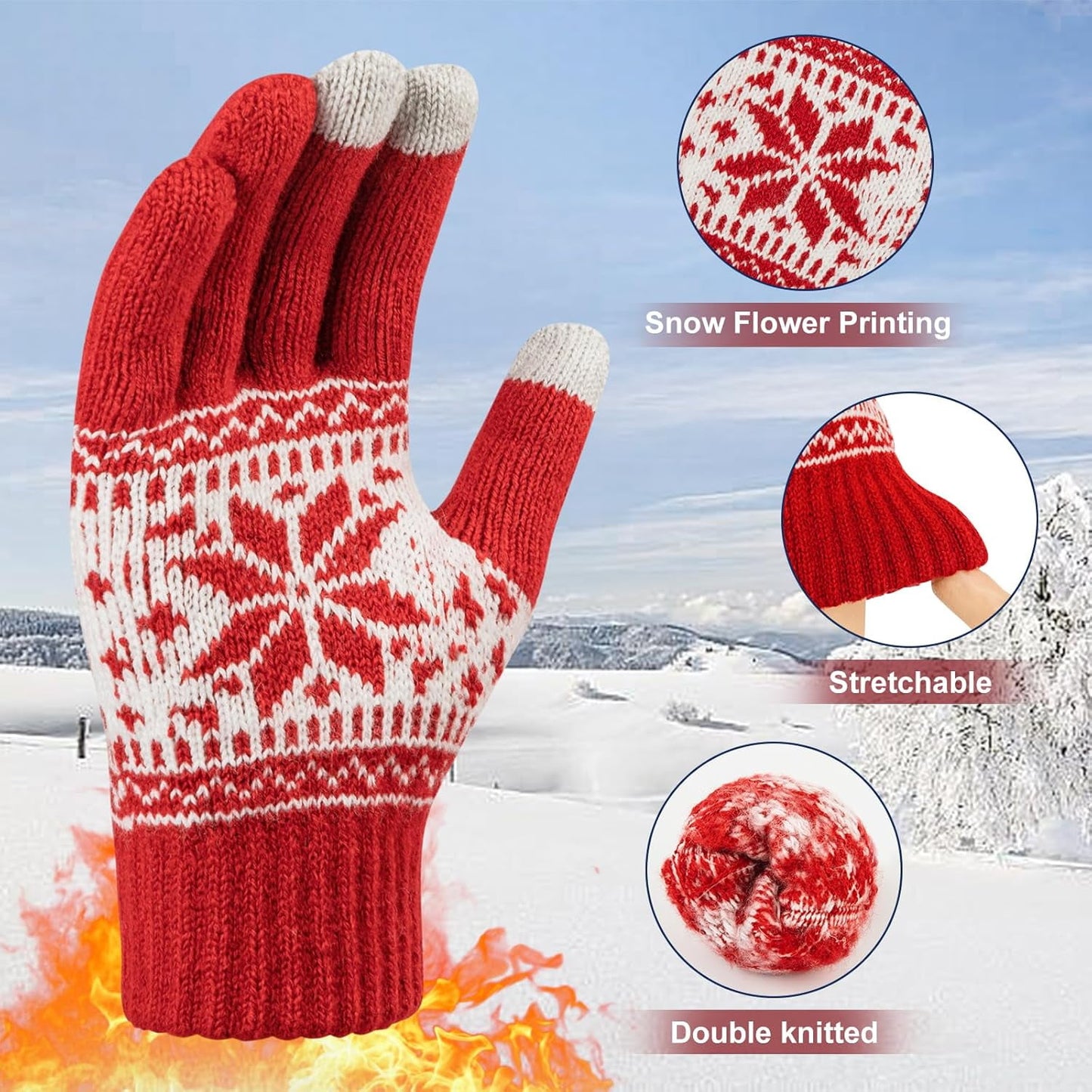 3 Pairs Touch Screen Gloves with Snow Flower Pattern, Warm Knit Winter Gloves Christmas Gifts Stocking Stuffers for Women Red1 Blue White