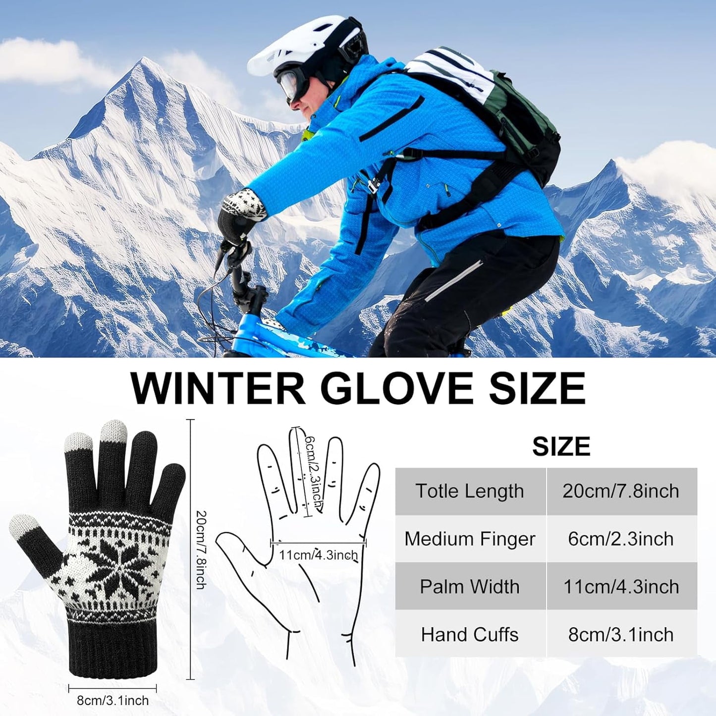 3 Pairs Touch Screen Gloves with Snow Flower Pattern, Warm Knit Winter Gloves Christmas Gifts Stocking Stuffers for Women Red1 Blue White