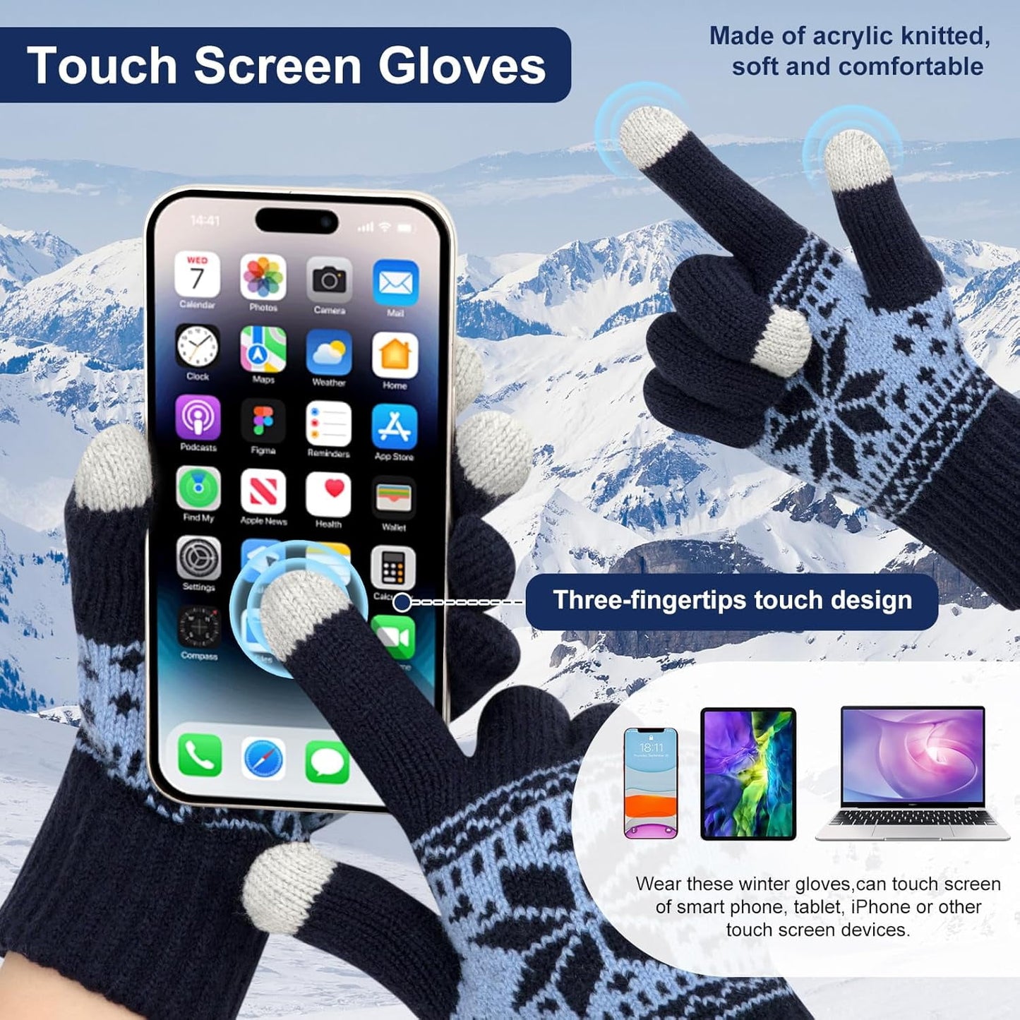 3 Pairs Touch Screen Gloves with Snow Flower Pattern, Warm Knit Winter Gloves Christmas Gifts Stocking Stuffers for Women Red1 Blue White
