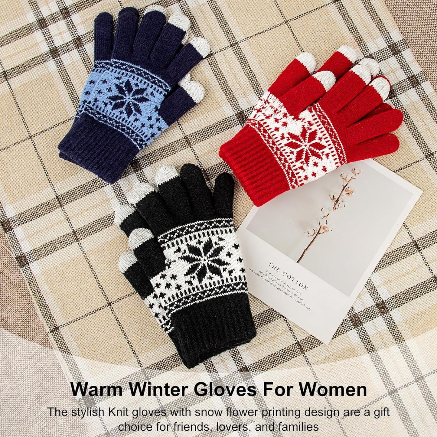 3 Pairs Touch Screen Gloves with Snow Flower Pattern, Warm Knit Winter Gloves Christmas Gifts Stocking Stuffers for Women Red1 Blue White