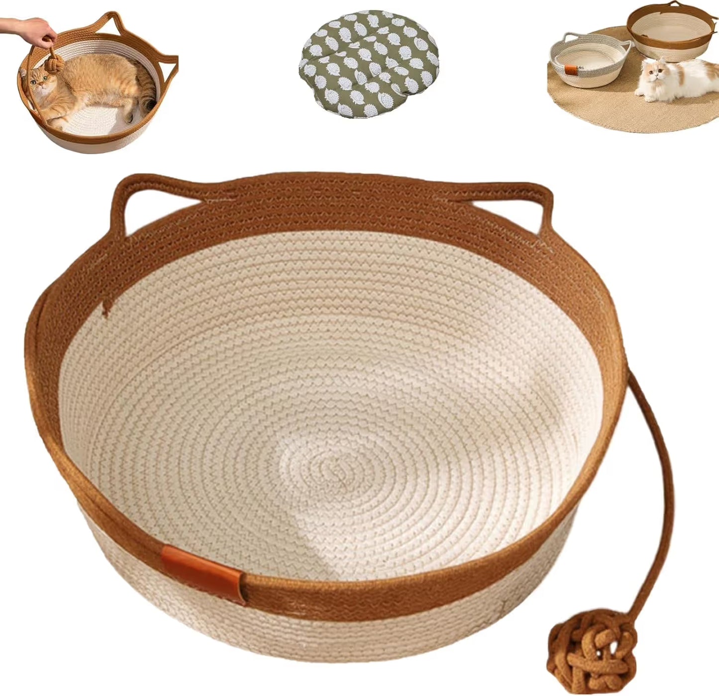 Cat Bed Rope Cotton, Cotton Rope Woven Round Cat Beds Basket with Built-in Teasing Ball, Handwoven Foldable Scratchable for Small & Large pet Brown（S）
