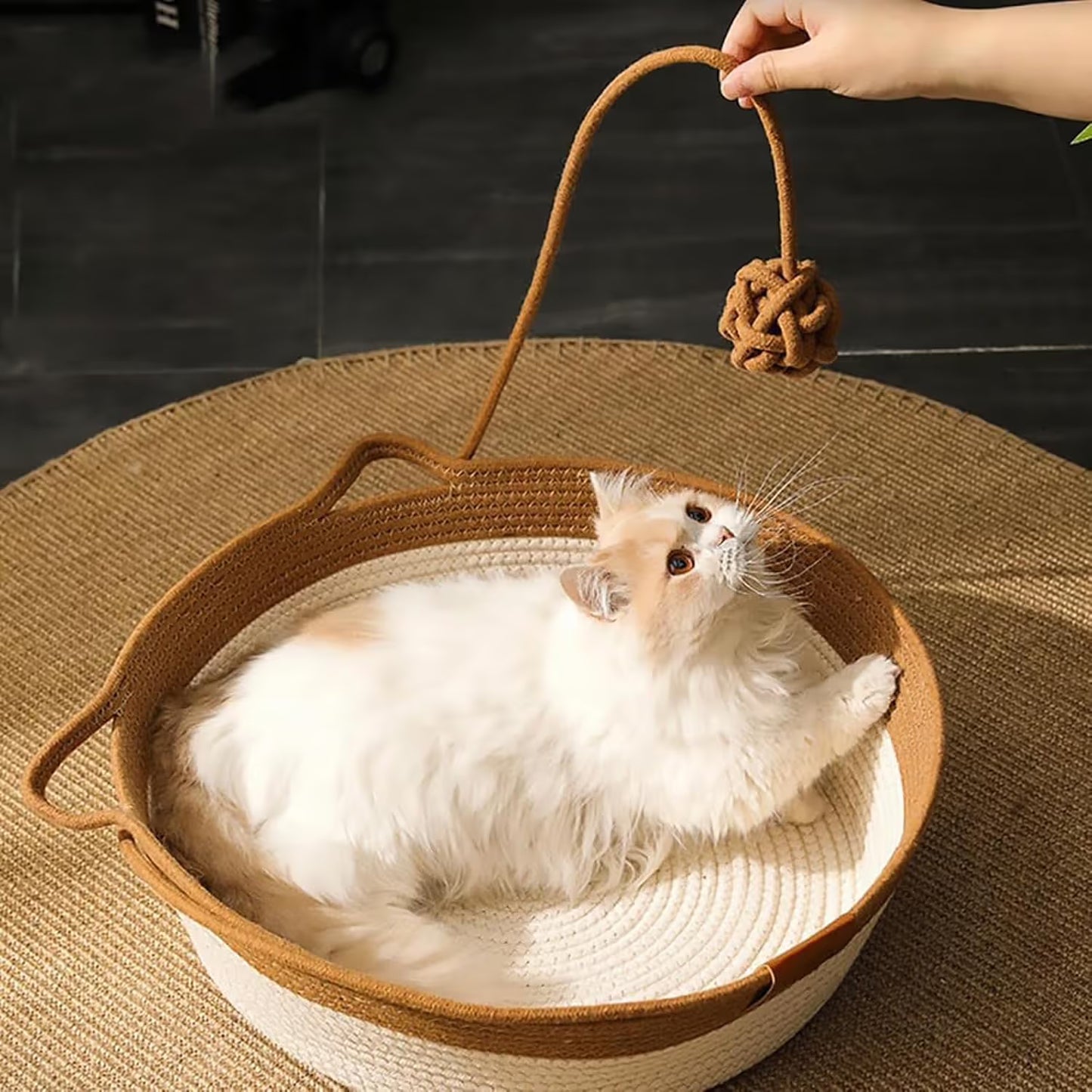 Cat Bed Rope Cotton, Cotton Rope Woven Round Cat Beds Basket with Built-in Teasing Ball, Handwoven Foldable Scratchable for Small & Large pet Brown（S）