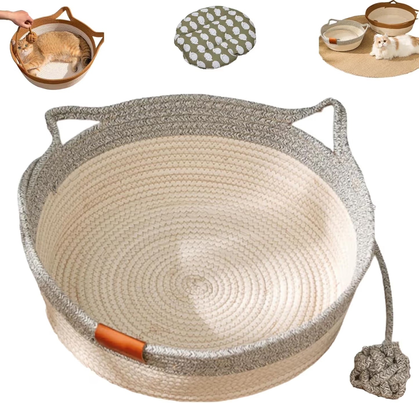 Cat Bed Rope Cotton, Cotton Rope Woven Round Cat Beds Basket with Built-in Teasing Ball, Handwoven Foldable Scratchable for Small & Large pet Gray（M）