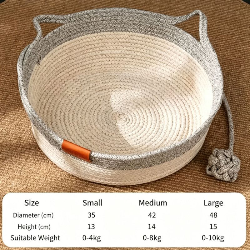 Cat Bed Rope Cotton, Cotton Rope Woven Round Cat Beds Basket with Built-in Teasing Ball, Handwoven Foldable Scratchable for Small & Large pet Gray（M）