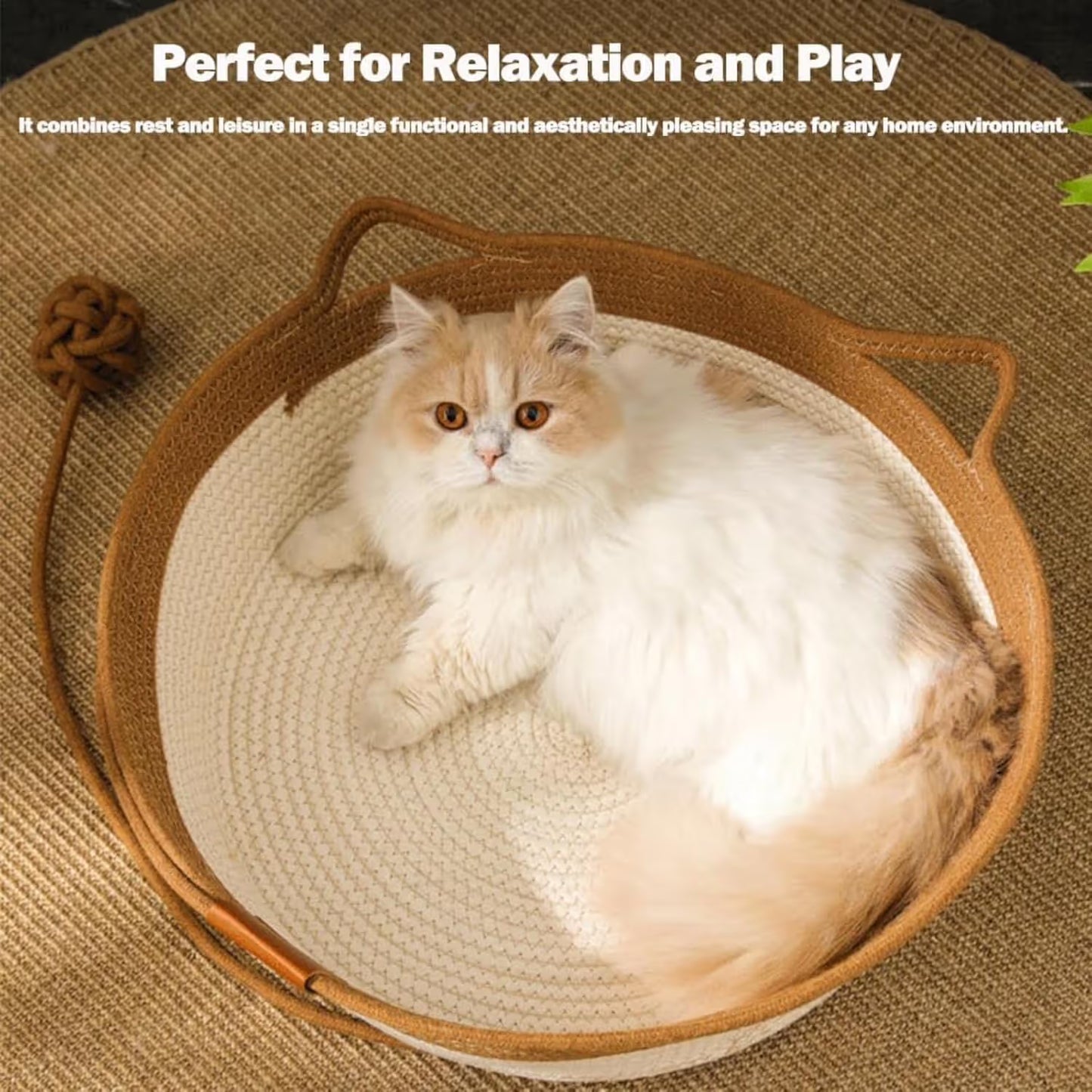 Cat Bed Rope Cotton, Cotton Rope Woven Round Cat Beds Basket with Built-in Teasing Ball, Handwoven Foldable Scratchable for Small & Large pet Green（S）