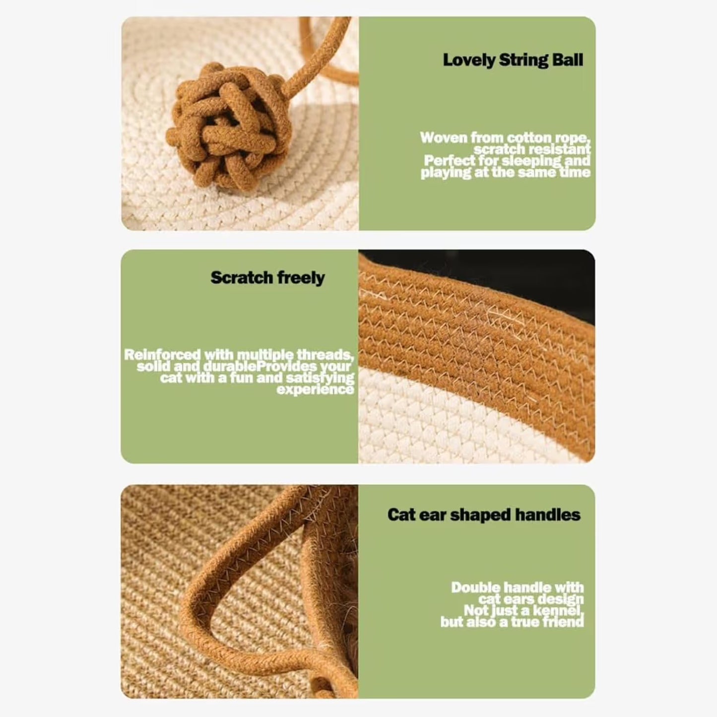 Cat Bed Rope Cotton, Cotton Rope Woven Round Cat Beds Basket with Built-in Teasing Ball, Handwoven Foldable Scratchable for Small & Large pet Green（S）