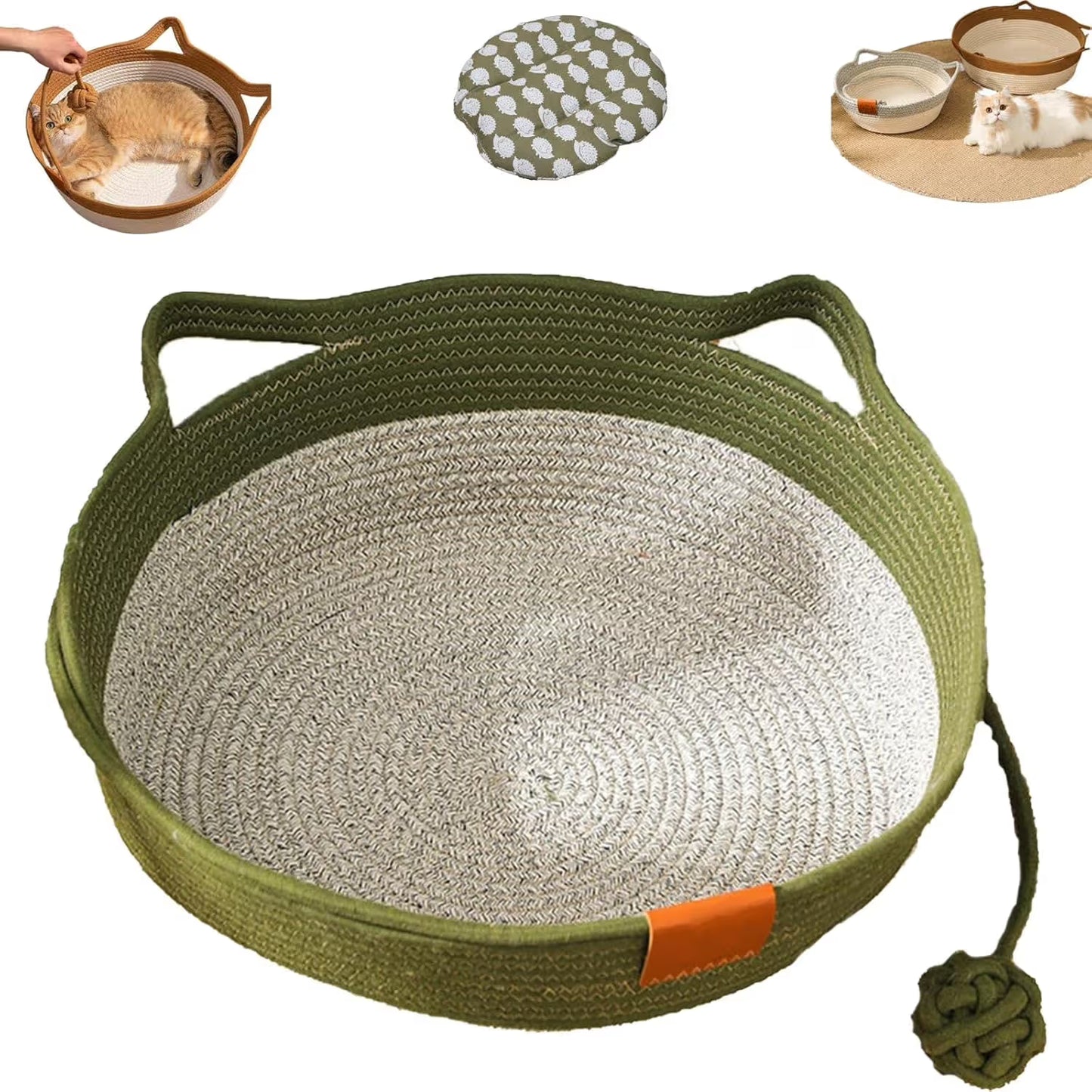 Cat Bed Rope Cotton, Cotton Rope Woven Round Cat Beds Basket with Built-in Teasing Ball, Handwoven Foldable Scratchable for Small & Large pet Green（M）