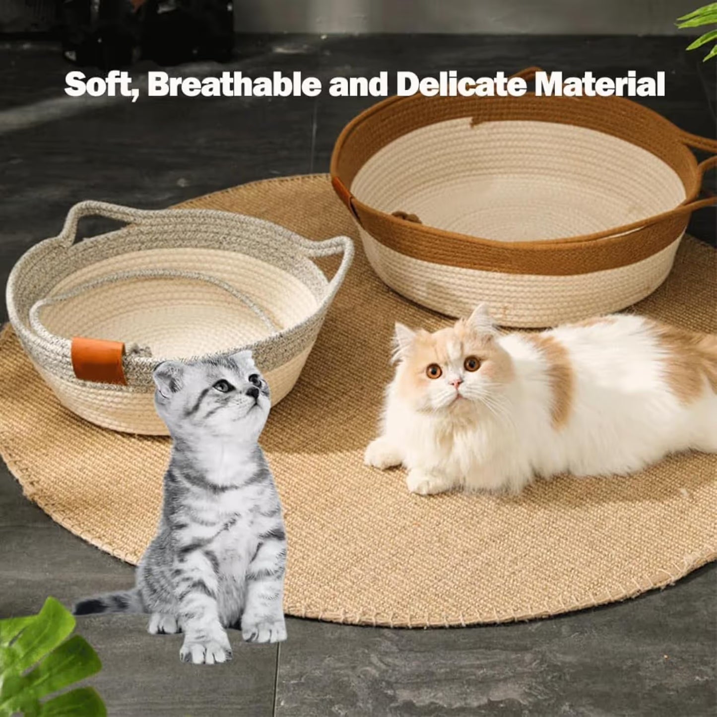 Cat Bed Rope Cotton, Cotton Rope Woven Round Cat Beds Basket with Built-in Teasing Ball, Handwoven Foldable Scratchable for Small & Large pet Green（M）