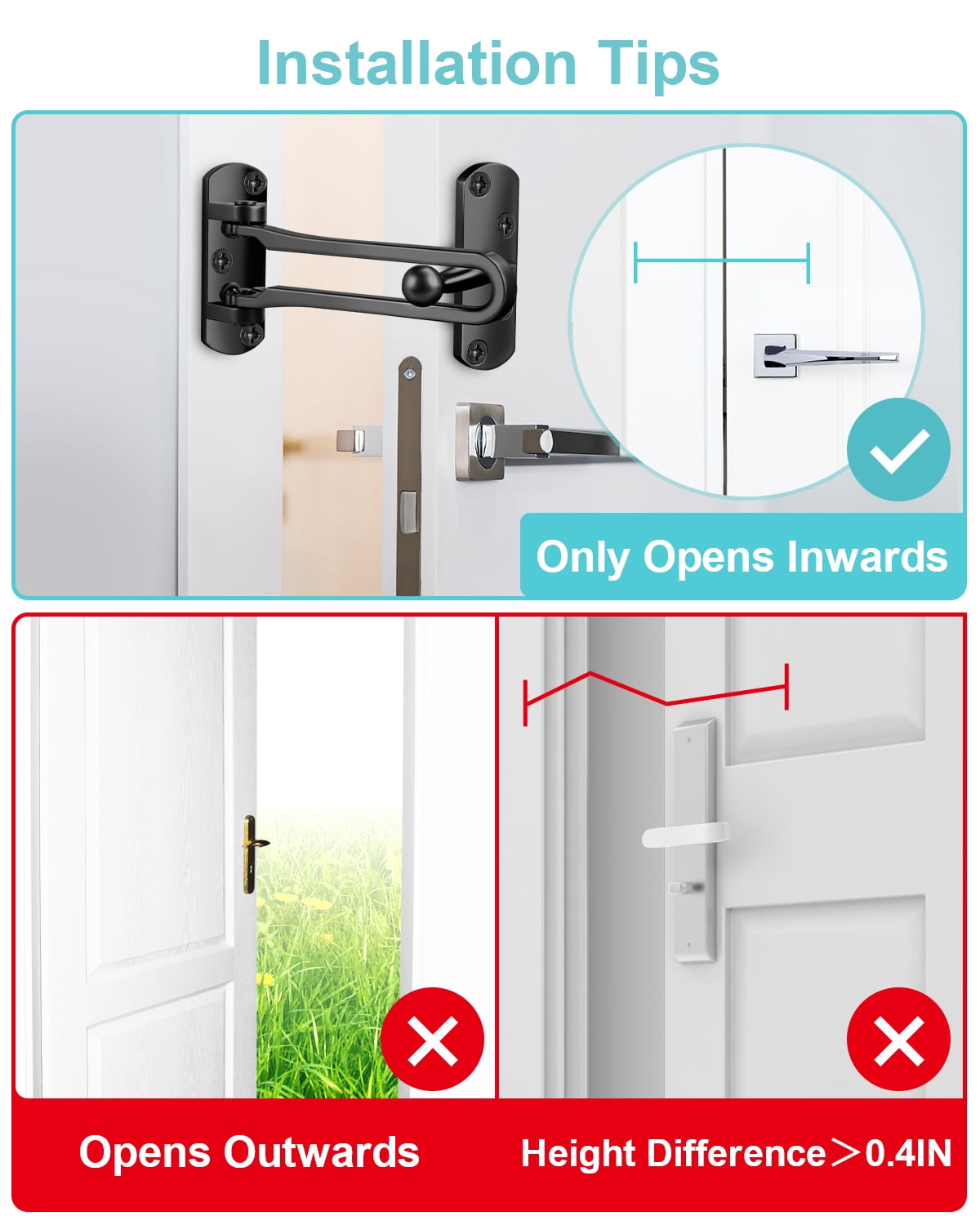 DOMETOUR Door Reinforcement Lock Latch Swing Bar Guard Front Inside Door Safety Child Proof Stopper Kids Home Hotel Apartment Thicken Solid Aluminium
