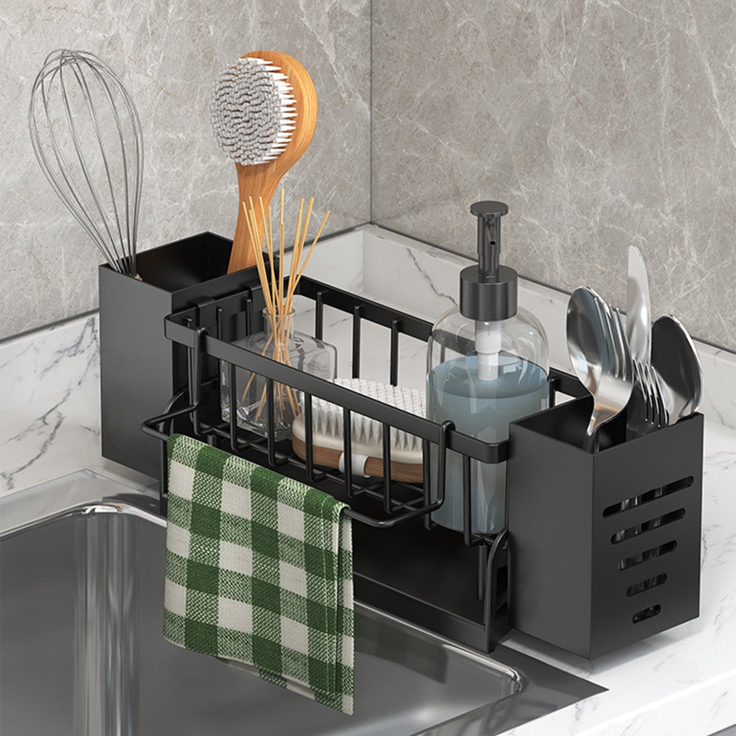 Xuniizn Pantry Organizers and Storage - Kitchen Organizers and Storage Rack, Sink Countertop Multifunctional Holder for Rags, Chopsticks, Knives & Forks - Kitchen Organization & Storage Solution Black