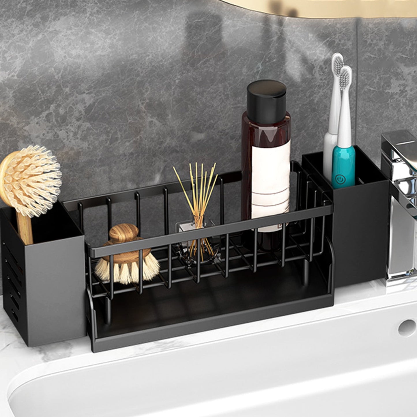 Xuniizn Pantry Organizers and Storage - Kitchen Organizers and Storage Rack, Sink Countertop Multifunctional Holder for Rags, Chopsticks, Knives & Forks - Kitchen Organization & Storage Solution Black