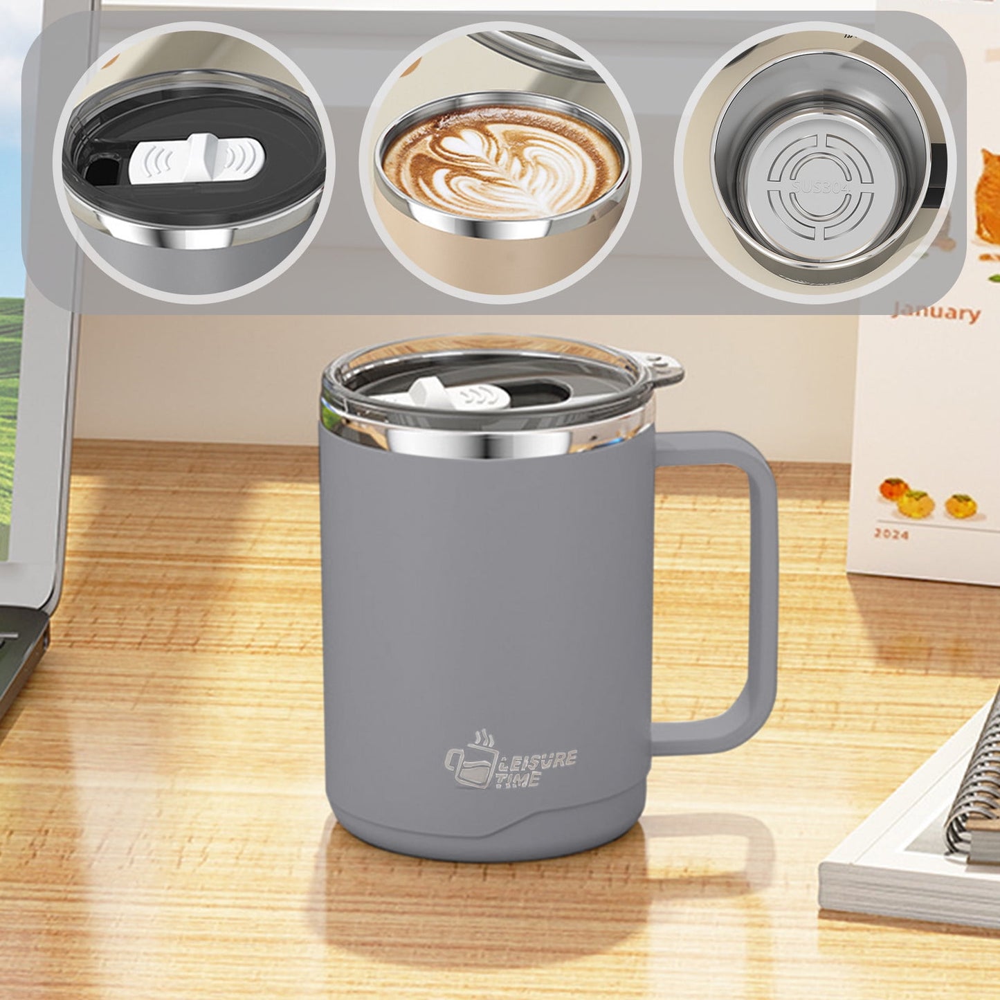 Insulated Coffee Mug with Handle & Lid - 17oz Stainless Steel Travel Tumbler, Double Wall Vacuum (Black) by PALIFEUR 02_【Limited Time Offer】 Upgraded Double-Wall Insulated Coffee Mug