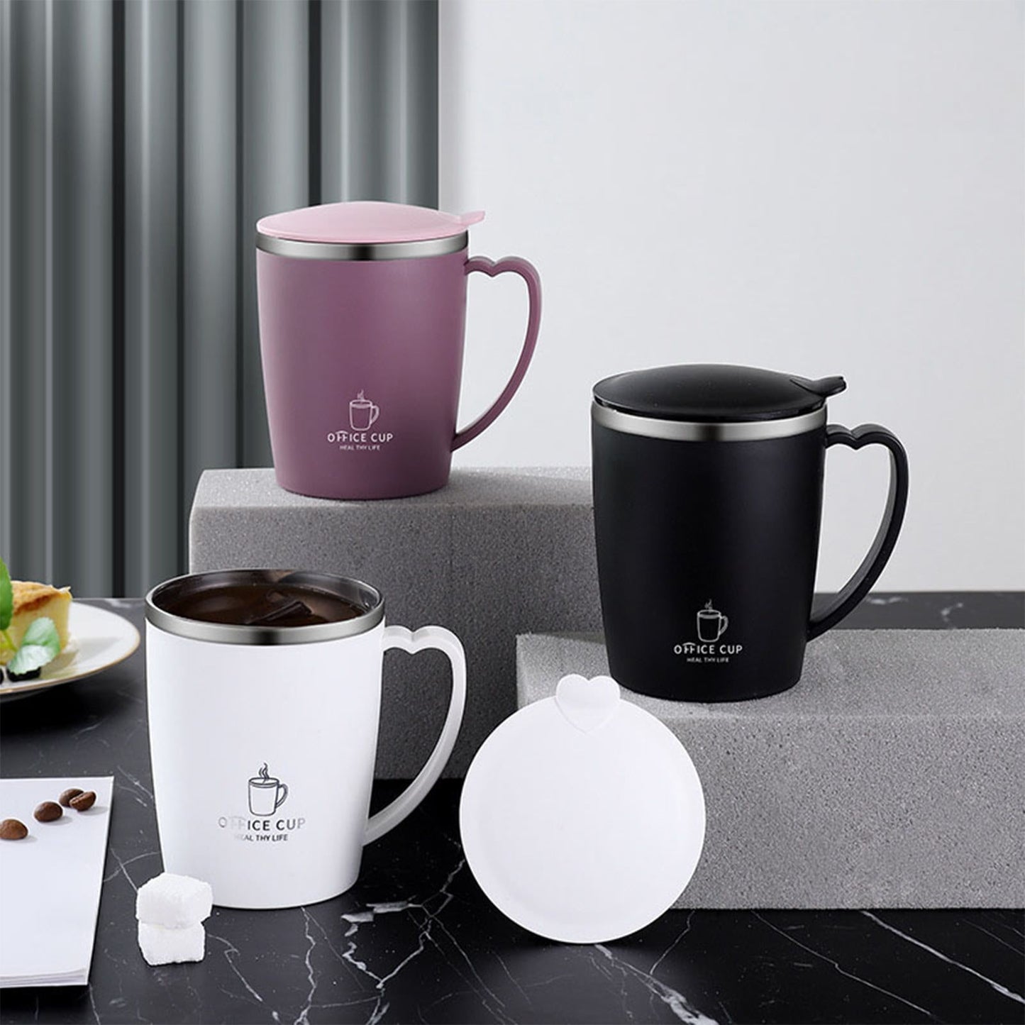 Insulated Coffee Mug with Handle & Lid - 17oz Stainless Steel Travel Tumbler, Double Wall Vacuum (Black) by PALIFEUR 19_【Corporate Gifts】 Company Logo Customized Coffee Cup