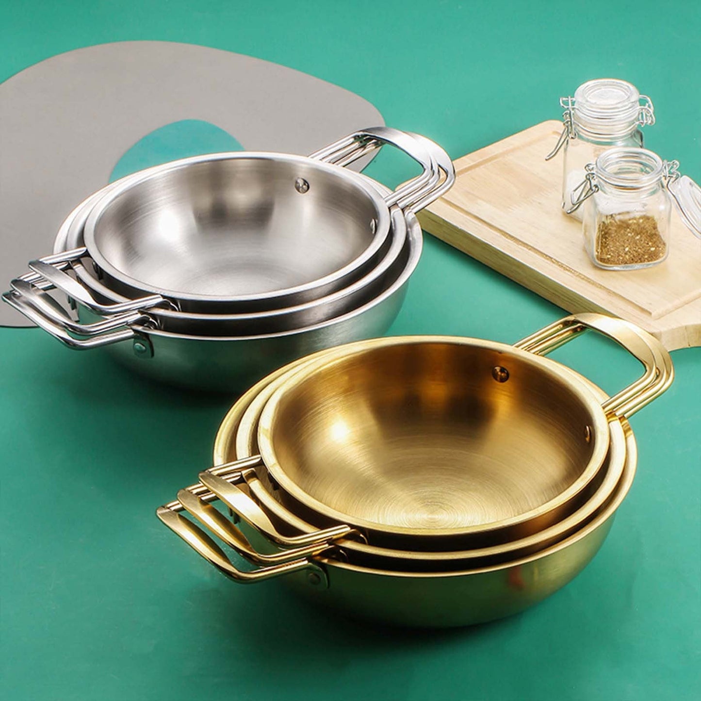 JWDX Stainless Steel Instant Noodle Pot Clearance, 7.1" Korean Ramen Noodle Pot with Handles Stainless Everyday Pan Golden Korean Cooking Pot for Soup Noodle Pasta Home and Outdoor Dishwasher SLA