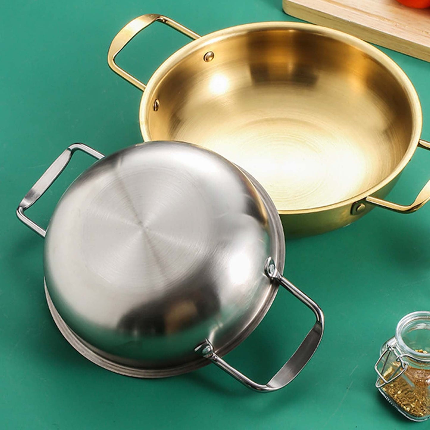 JWDX Stainless Steel Instant Noodle Pot Clearance, 7.1" Korean Ramen Noodle Pot with Handles Stainless Everyday Pan Golden Korean Cooking Pot for Soup Noodle Pasta Home and Outdoor Dishwasher SLD