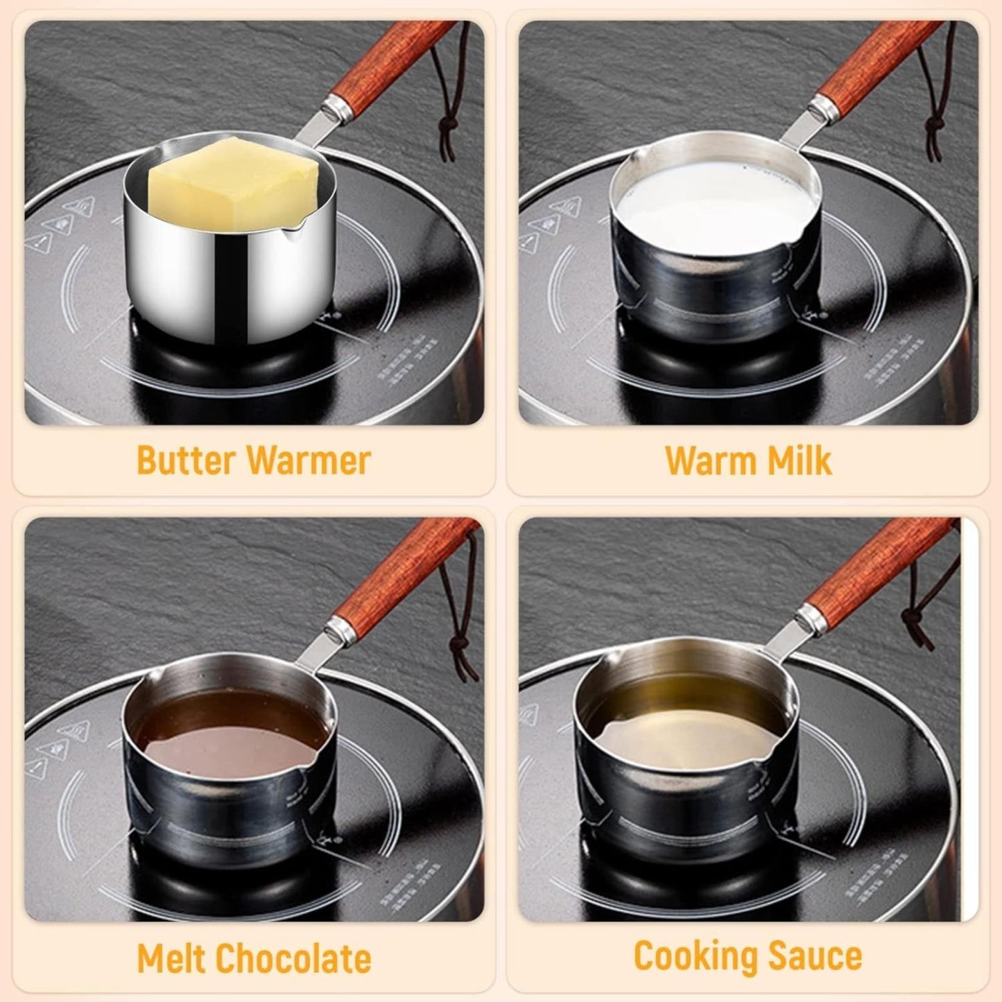 Clearance! Eguiwyn Stainless Steel Pan Mini Milk Warmer Pot Soup Pan with Wooden Handle Small Saucepan for Butter Warmer Heating Milk Cooking One Size A