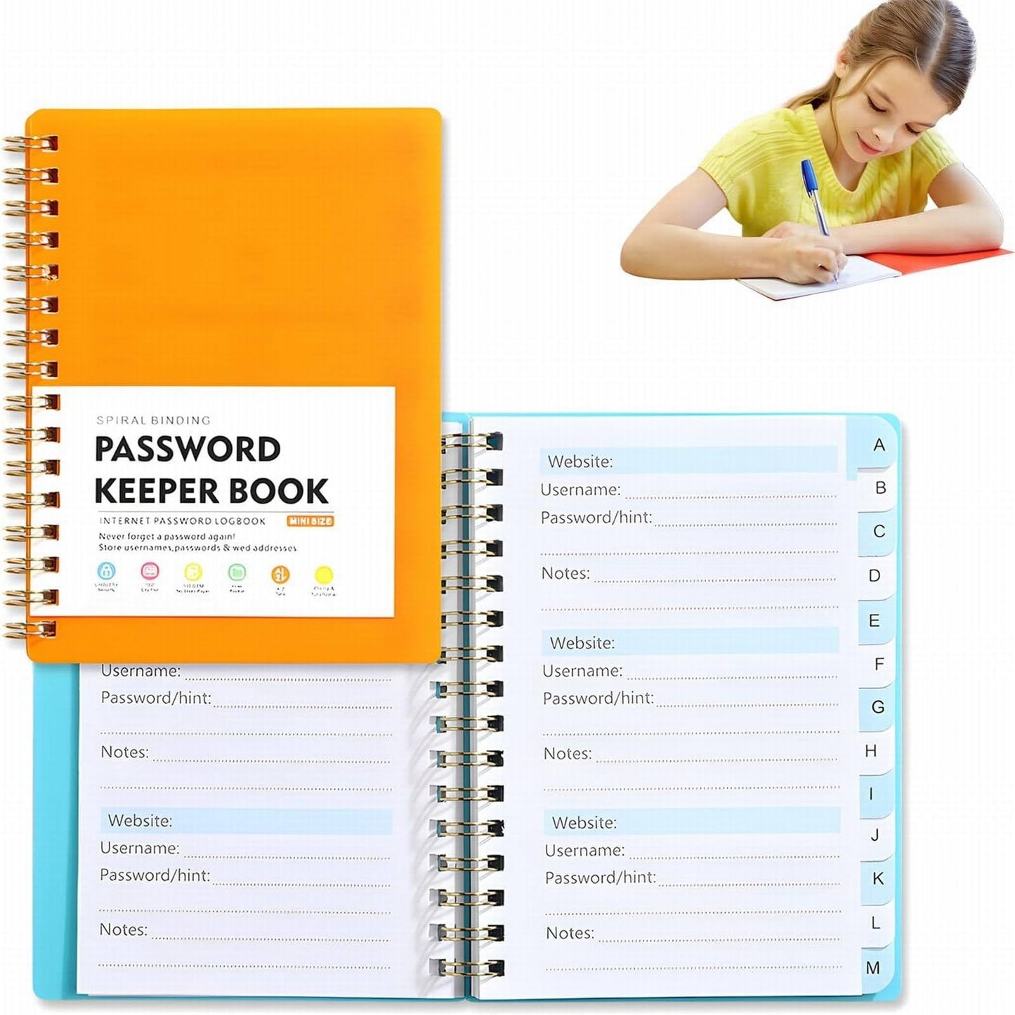 JWDX Hot Clearance! Password Book Password Book with Personal Alphabet Label Internet Address and Password Headquarters Password Log, A Spiral Code Book Spiral code book Orange