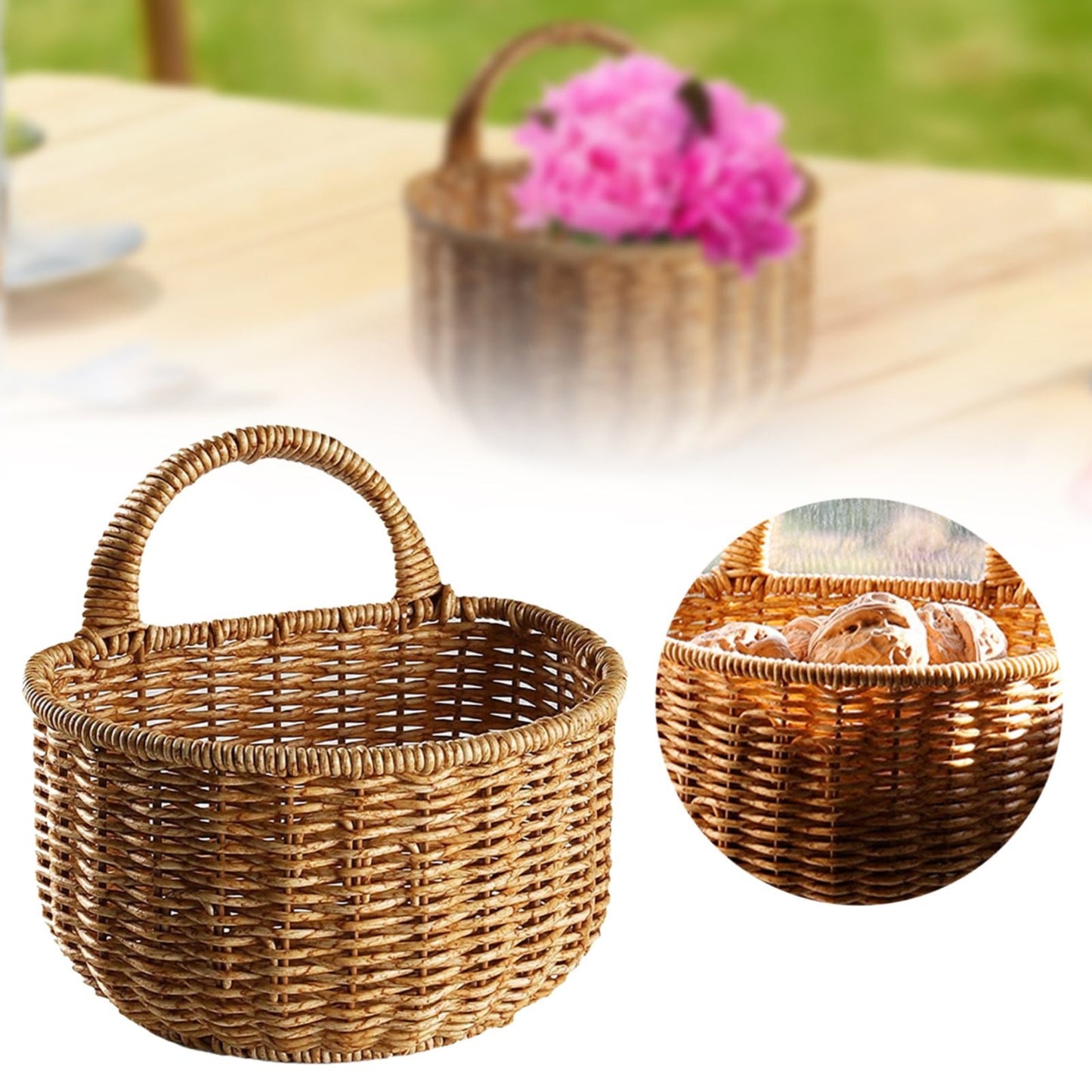Small Wall-Mounted Kitchen Storage Basket, Hanging Storage Wicker Baskets Wall Mounted Woven Hanging Basket Wicker Small Basket with Handle Wicker Basket with Handle Small Basket Organizer Large wall-mounted kitchen storage basket Khaki