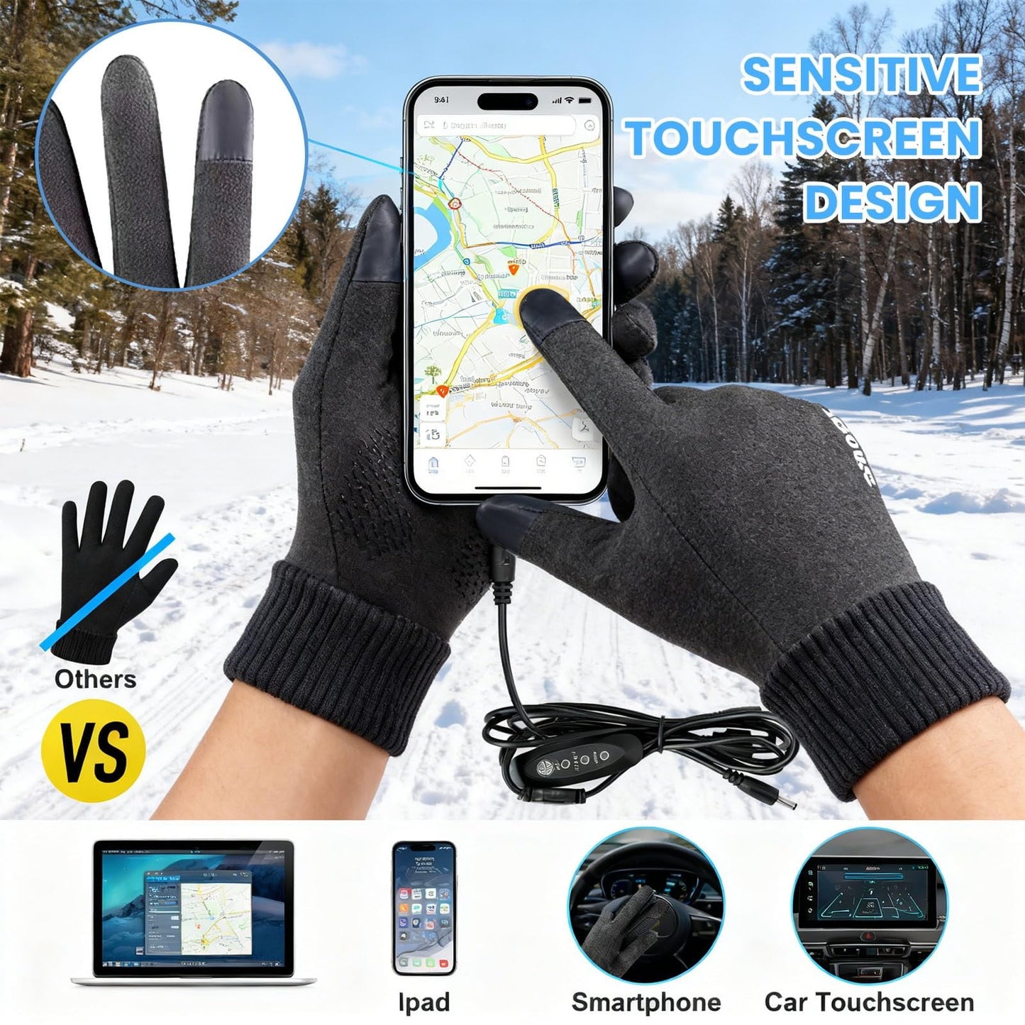 LGCASL Clearance! Heated Gloves Heated Gloves for Men Women with 3 Heat Settings Touchscreen Warming Gloves for Climbing Hiking Cycling Camping- Grey 26 Black