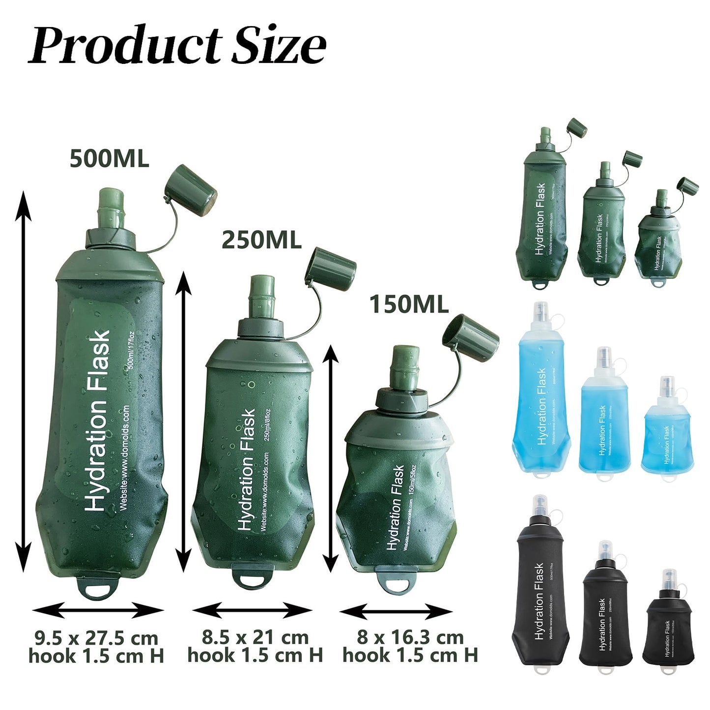 150ml Soft Flask,Light Tpu Foldable Soft Water Bottle Leak Proof Hydration Flask,Soft Water Bottle Running for Running Hiking Cycling Camping Portable Travel Sports Water Bag Easy to Carry L(500ml) Black