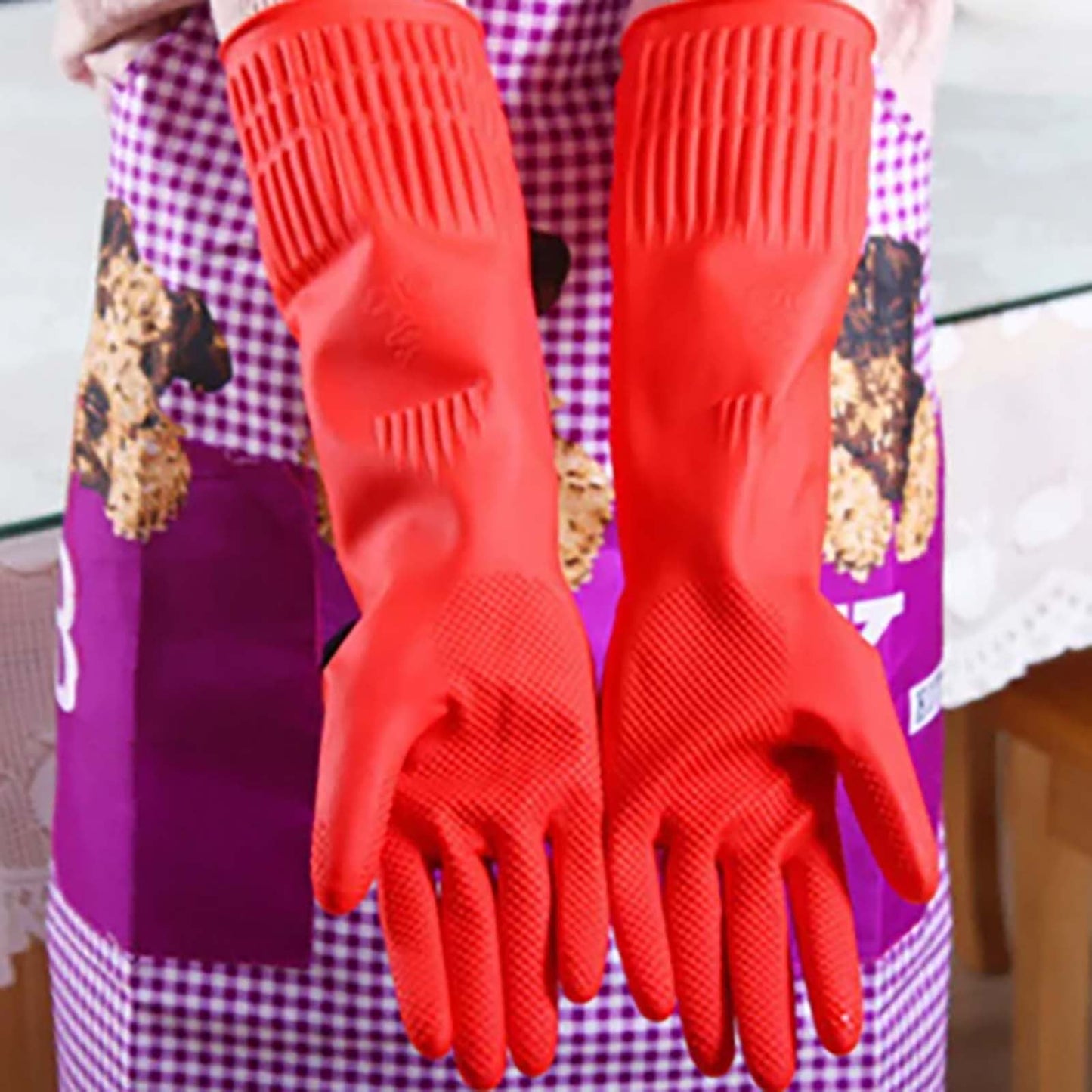 JWDX Oven Mitts Clearance! 2 Pairs Reusable Household Gloves Rubber Dishwashing Gloves Extra Thick Long Sleeves Kitchen Cleaning Working Painting Gardening Pet Care, Include Two Pairs of Gloves Red