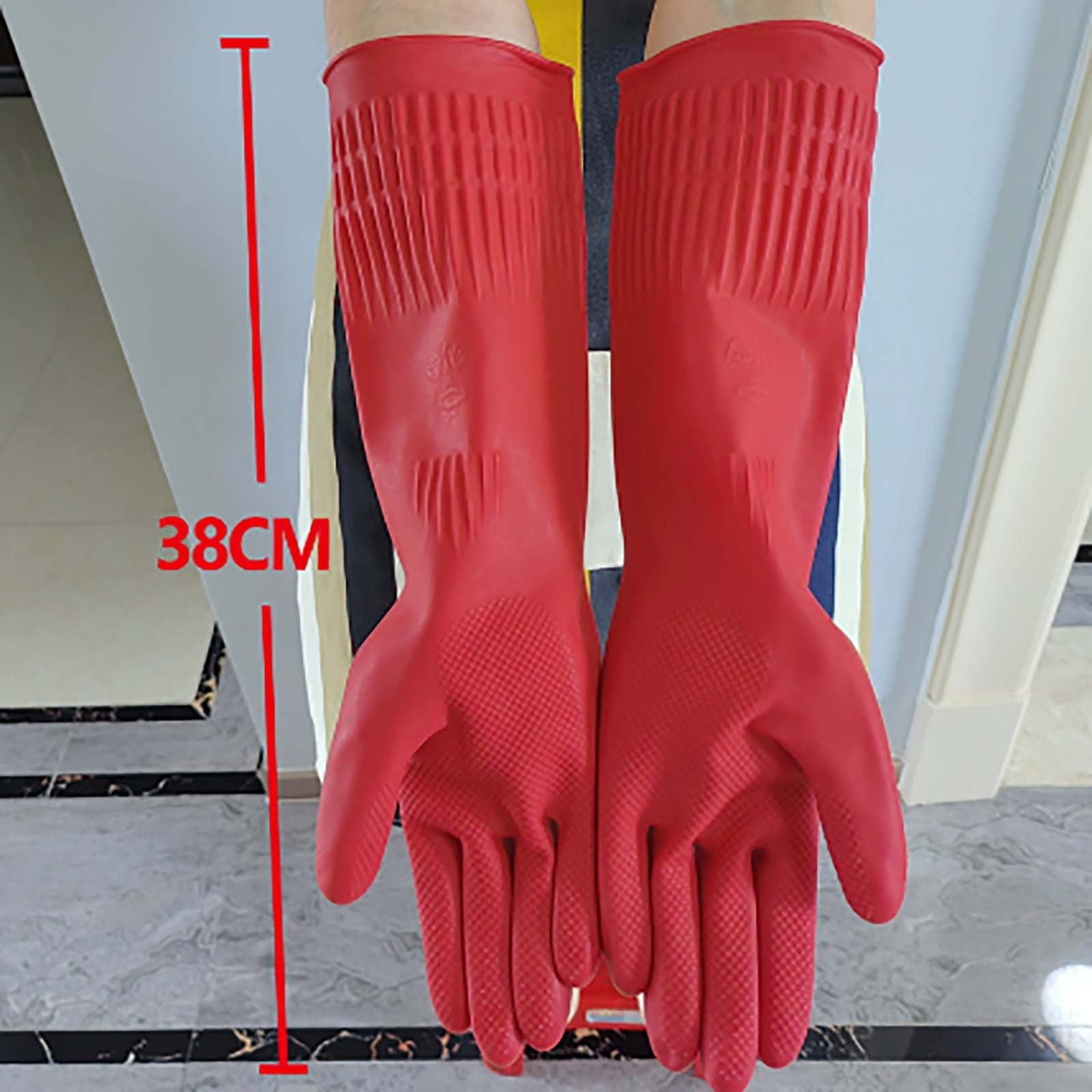JWDX Oven Mitts Clearance! 2 Pairs Reusable Household Gloves Rubber Dishwashing Gloves Extra Thick Long Sleeves Kitchen Cleaning Working Painting Gardening Pet Care, Include Two Pairs of Gloves Red