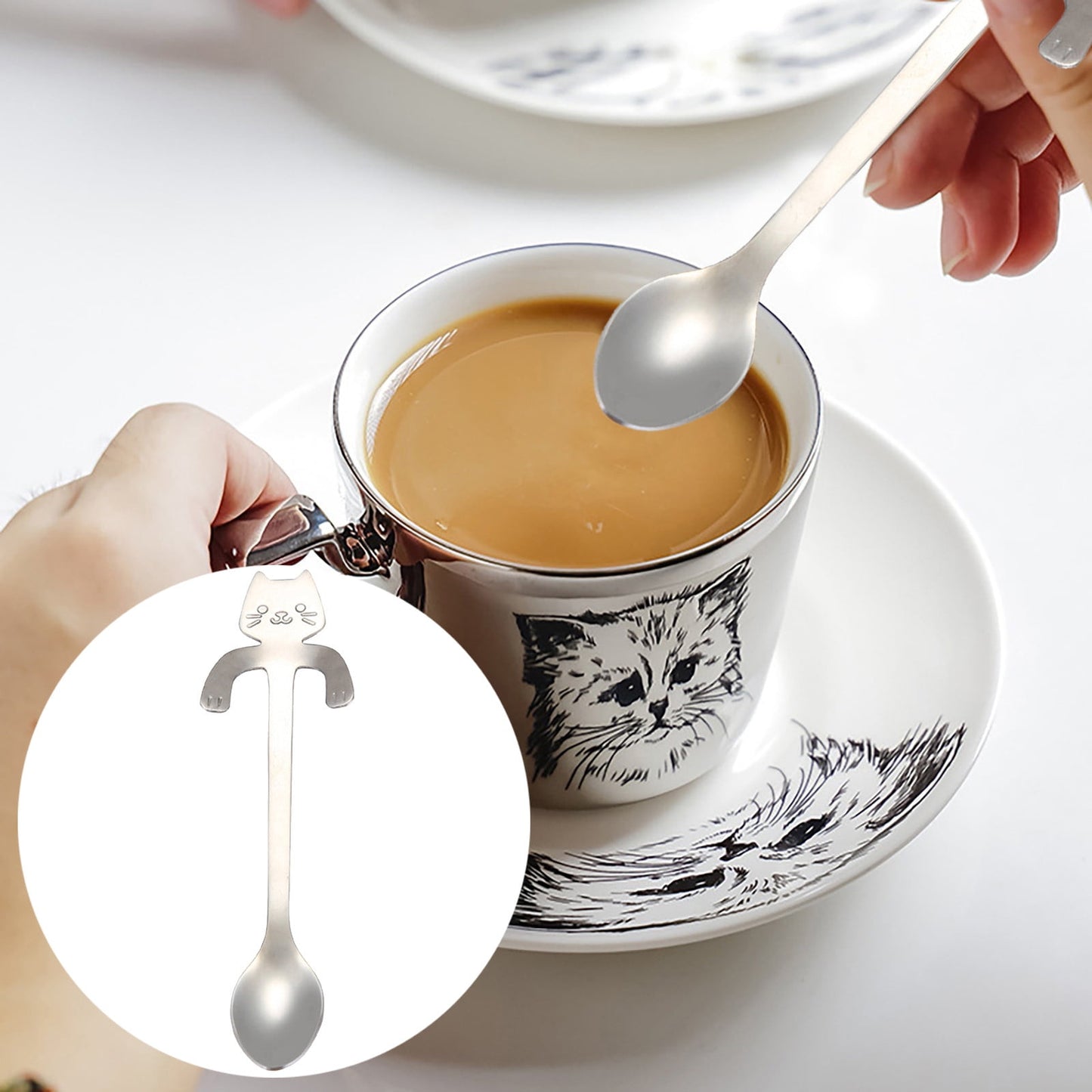 JWDX Tableware Clearance! Cat Spoon Short Handle Spoons Flatware Coffee Drinking Tools Kitchen Gadge, Stainless Steel Bowl Promotion Include 1X Spoon A