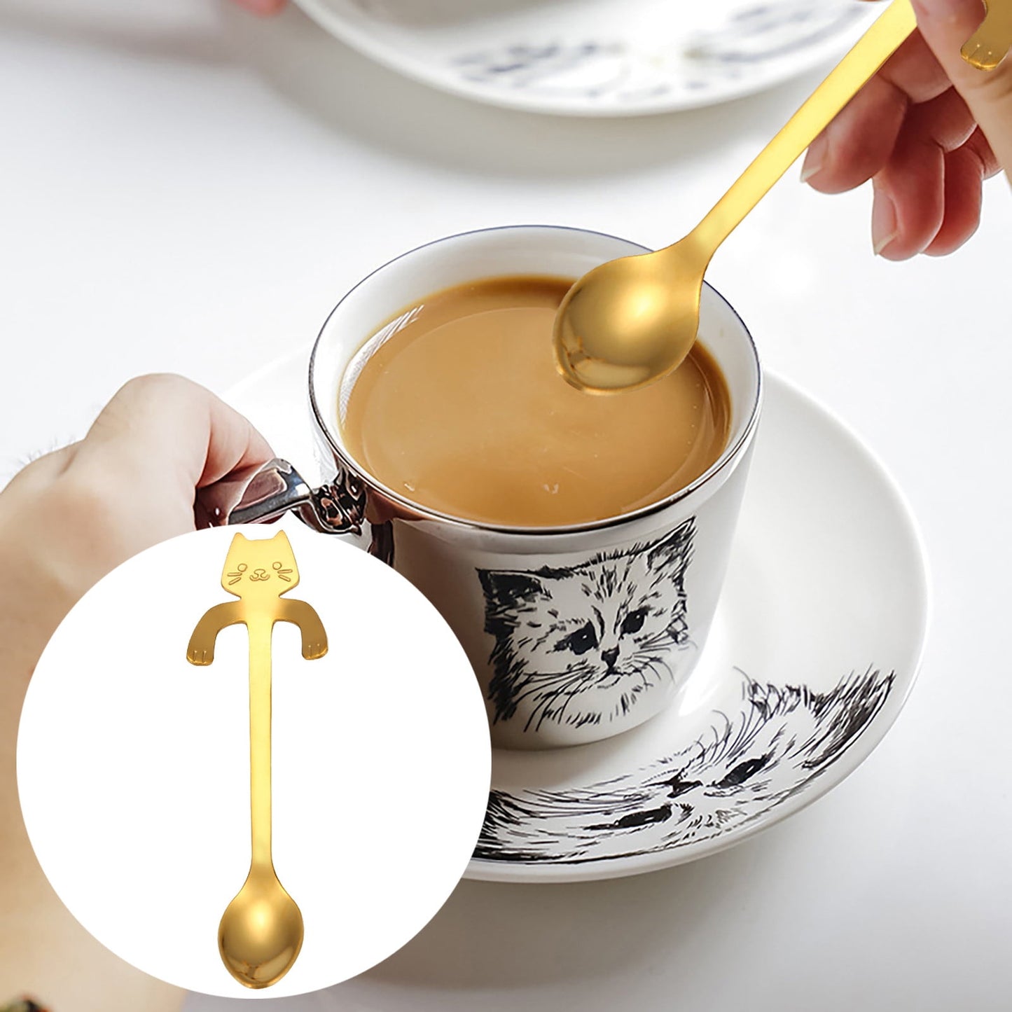 JWDX Tableware Clearance! Cat Spoon Short Handle Spoons Flatware Coffee Drinking Tools Kitchen Gadge, Stainless Steel Bowl Promotion Include 1X Spoon B