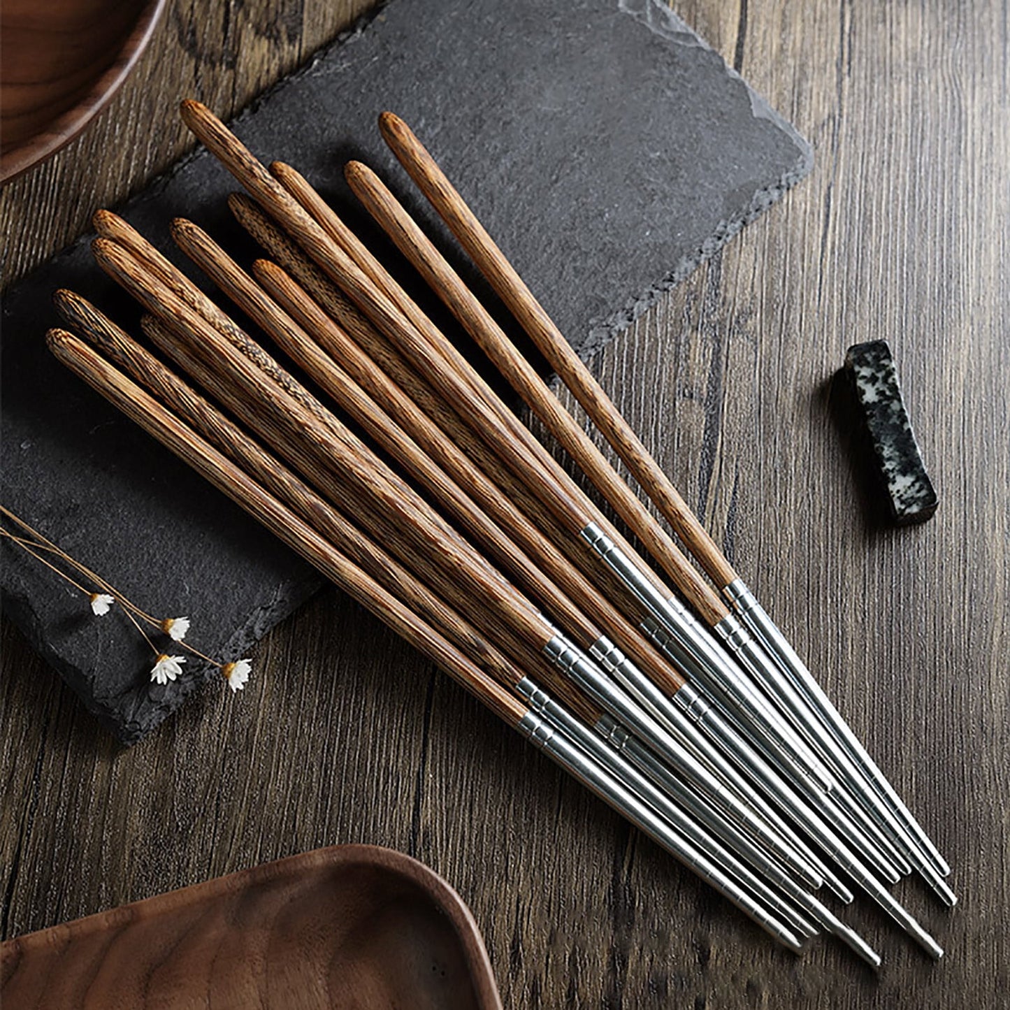 JWDX Tableware Clearance! Household High-Grade Non-Lacquered Non-Slip Light Chopsticks Wooden Luxury Kitchen，Dining Bar, Stainless Steel Bowl Promotion Include 1 Pair of Wooden Chopsticks AS shown