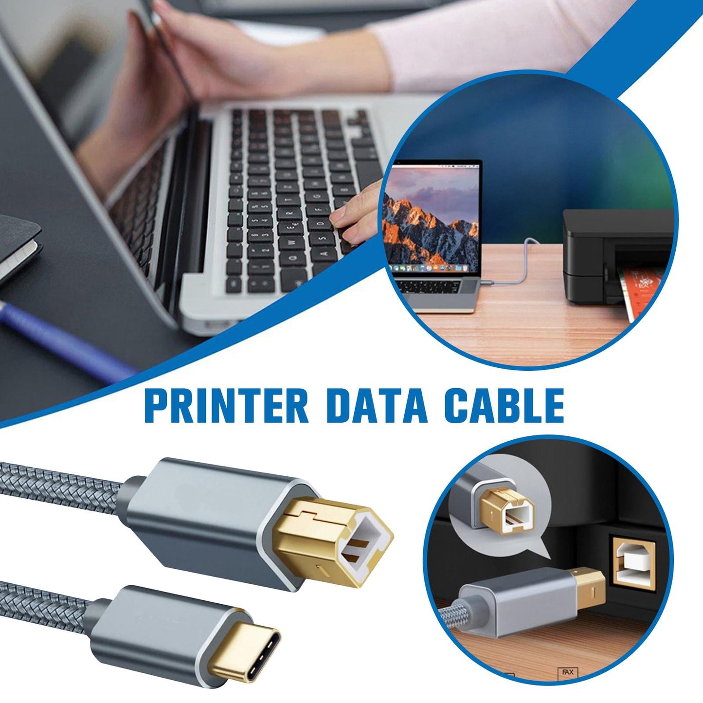 Wmool USB Type-C to USB B 2.0 Printer Cable Scanner Laptop; Gray